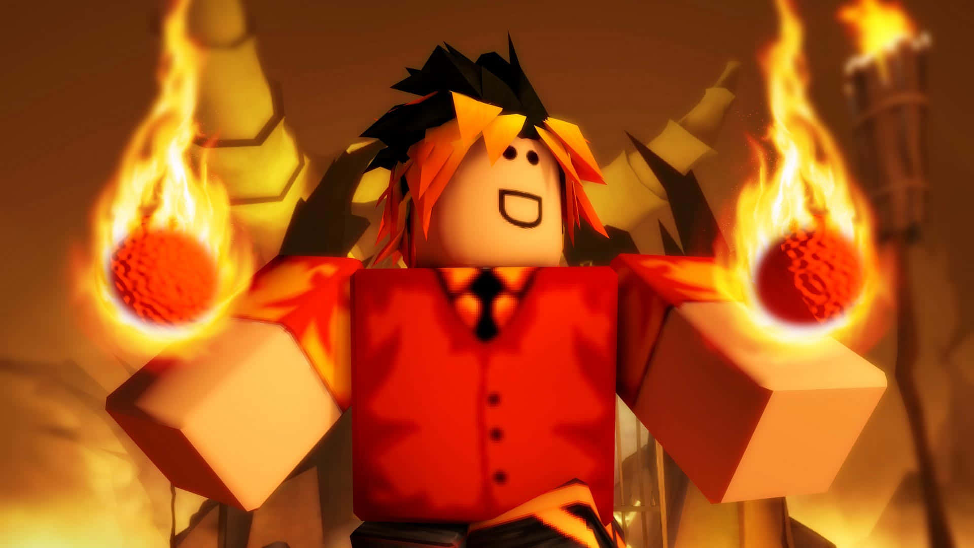 Roblox角色手持火焰球體，頭髮尖刺，身穿紅色襯衫。 — Roblox 壁紙