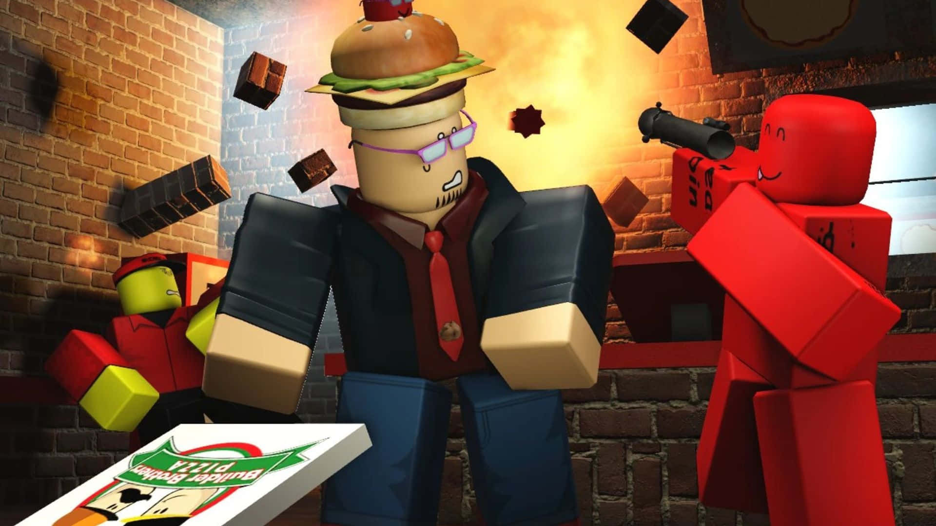  壁紙 — 一個戴著漢堡帽和眼鏡的 Roblox 角色站在磚房裡，一個紅色方塊人物正用槍瞄準，磚塊四處飛舞。