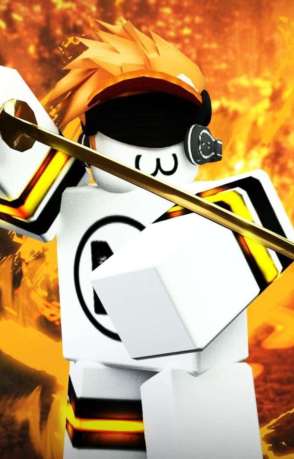 Roblox角色，橙色頭髮和護目鏡，在火熱背景前手持金色劍。 — Roblox 壁紙