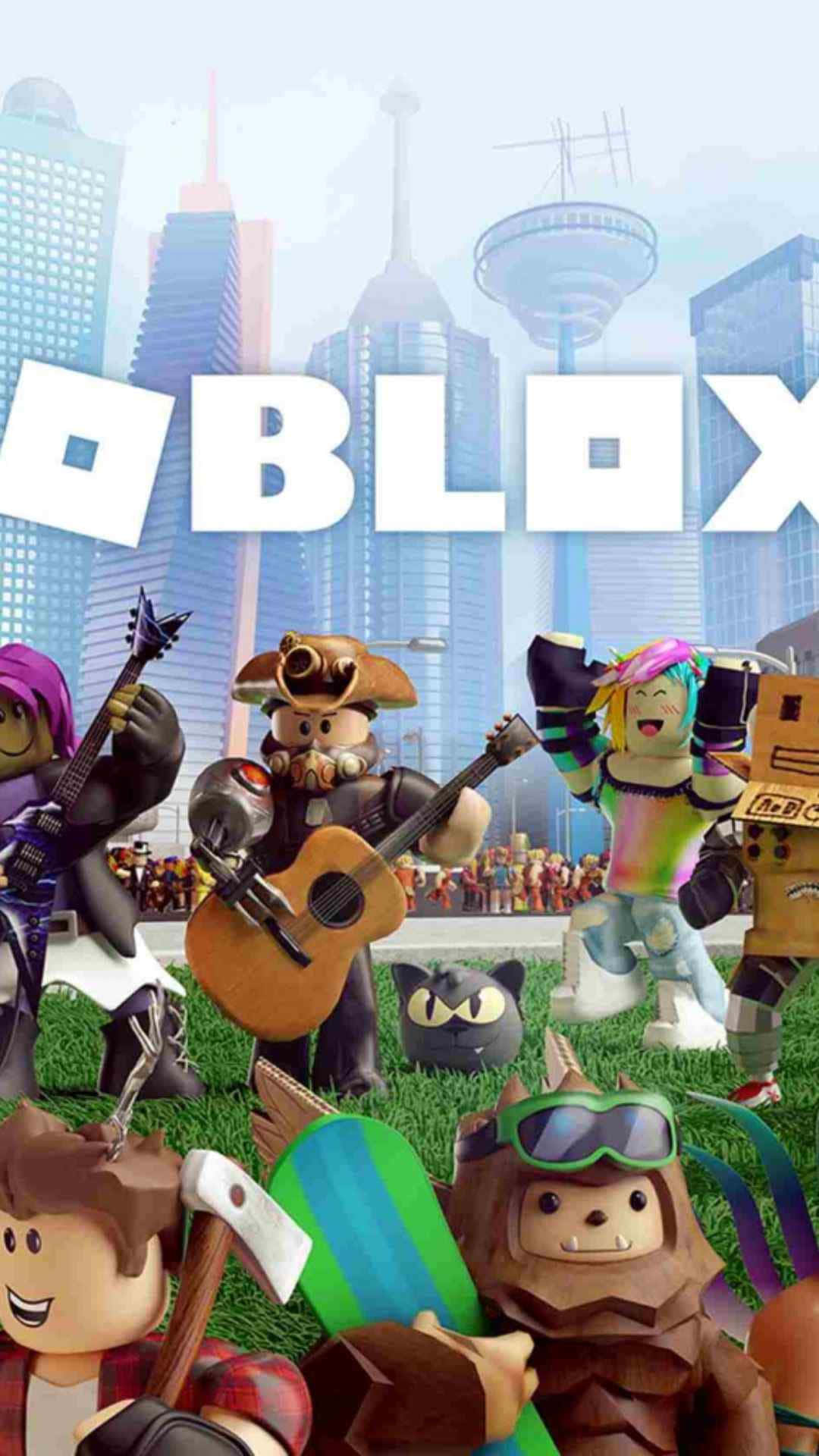 Roblox 角色在城市天際線前彈奏吉他和拿著工具。 — Roblox 壁紙