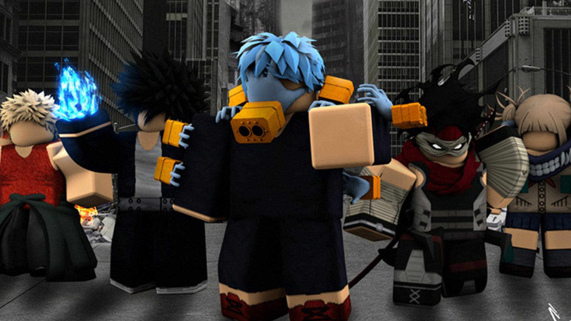 Roblox風格動漫角色在城市街道，一個有藍色火焰。 — Roblox 壁紙