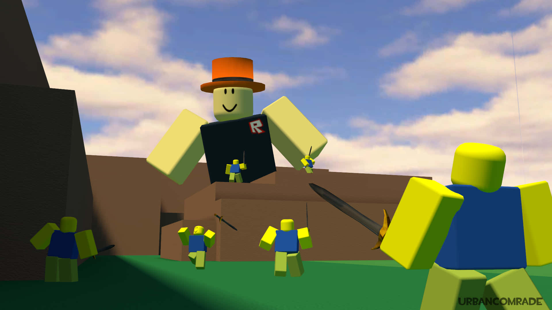 Roblox角色，黃色頭和藍色襯衫，在一個陽光明媚的戶外場景中。 — Roblox 壁紙