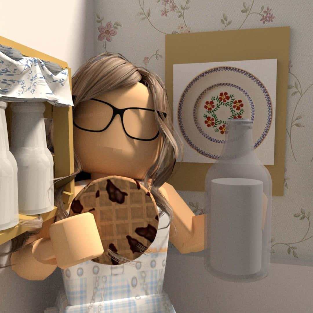 Roblox 角色在廚房裡拿著餅乾和牛奶瓶，背景有花卉壁紙。 — Roblox 壁紙