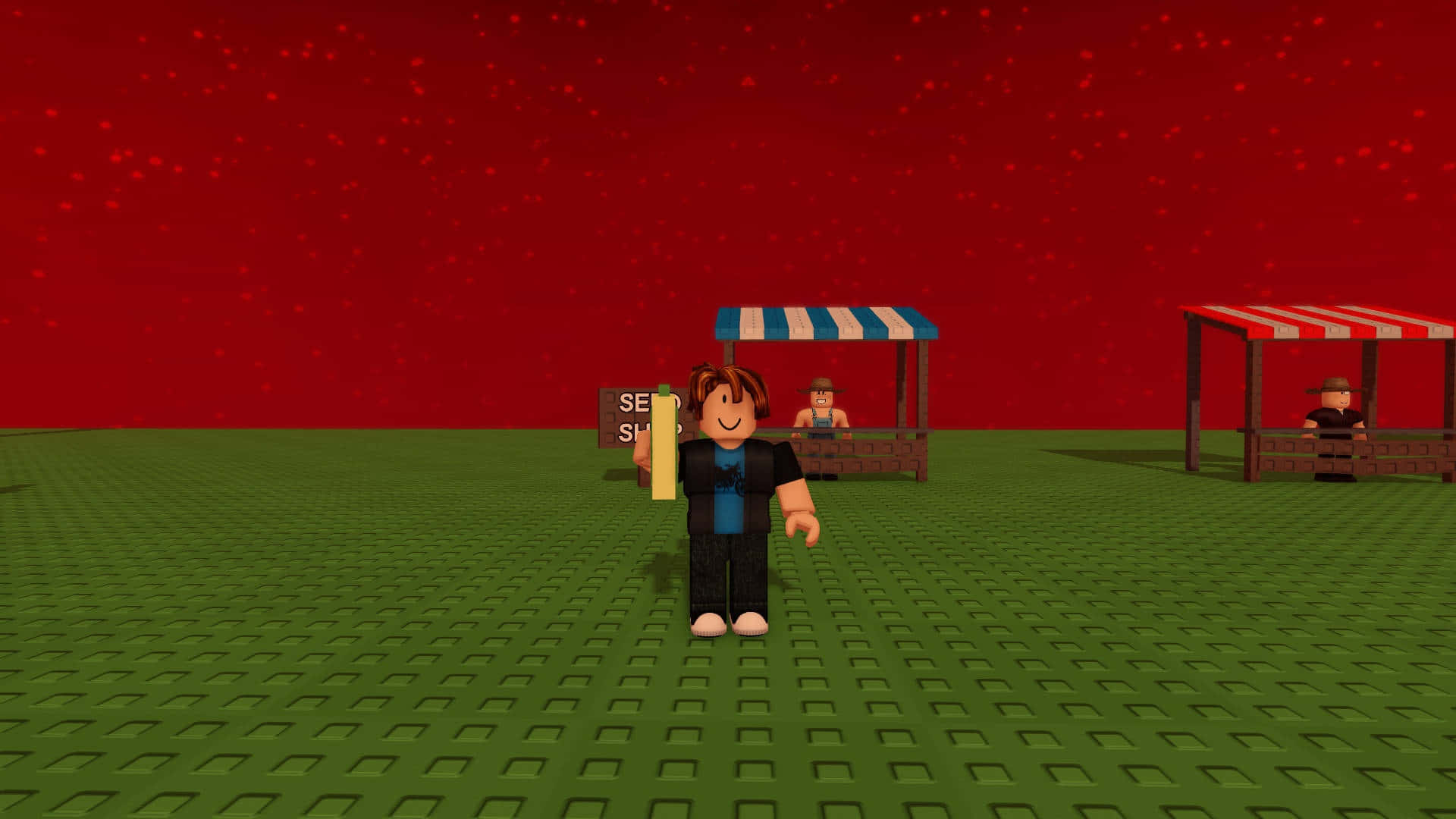  壁紙 — 一個 Roblox 風格的虛擬角色站在綠色網格地板上，在佈滿星星的紅色天空下，面對著攤位。