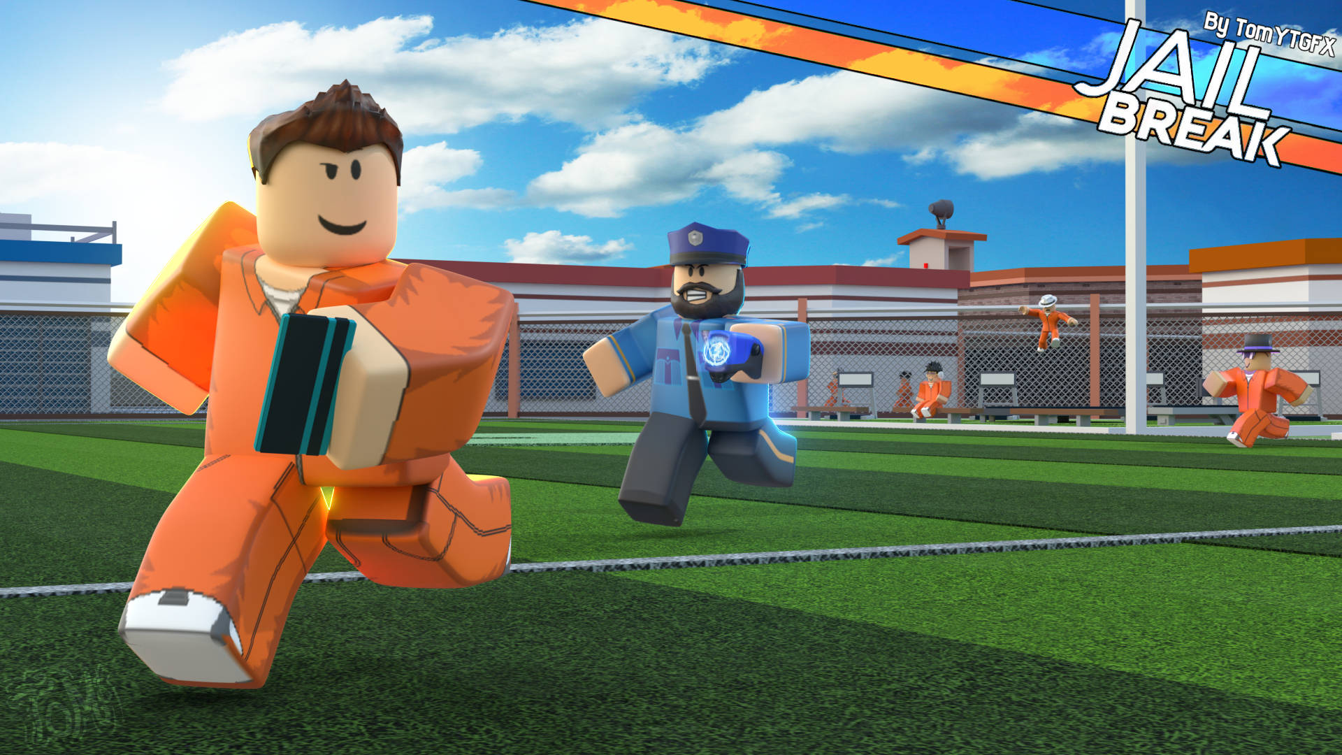 Roblox 監獄逃脫遊戲角色在綠色田野上奔跑，背景有監獄。 — Roblox 壁紙
