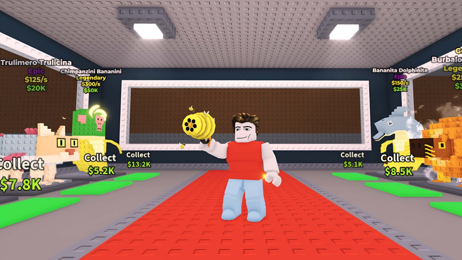  壁紙 — 一個穿著紅色背心的Roblox角色站在紅色地毯上，在一個有收藏角色和價格標籤的遊戲大廳中手持金色蜜蜂物品。