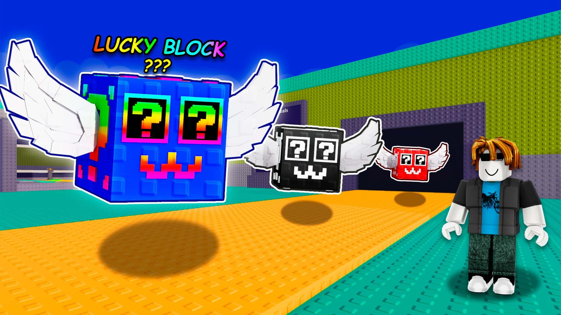  壁紙 — 一個Roblox角色站在帶有翅膀的浮動像素幸運方塊前，處於色彩繽紛的方塊遊戲環境中。