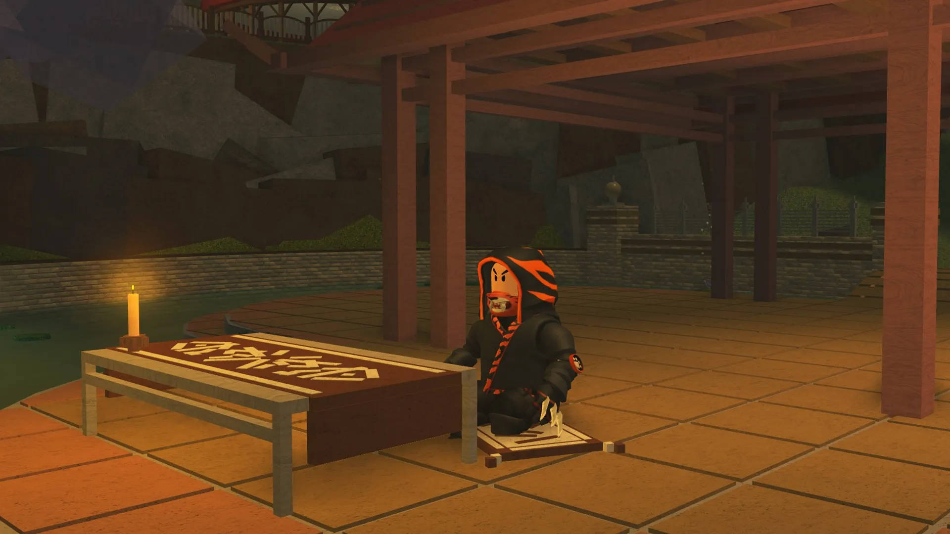 Roblox忍者黃昏時在木亭下跪於蠟燭桌旁 — Roblox 壁紙