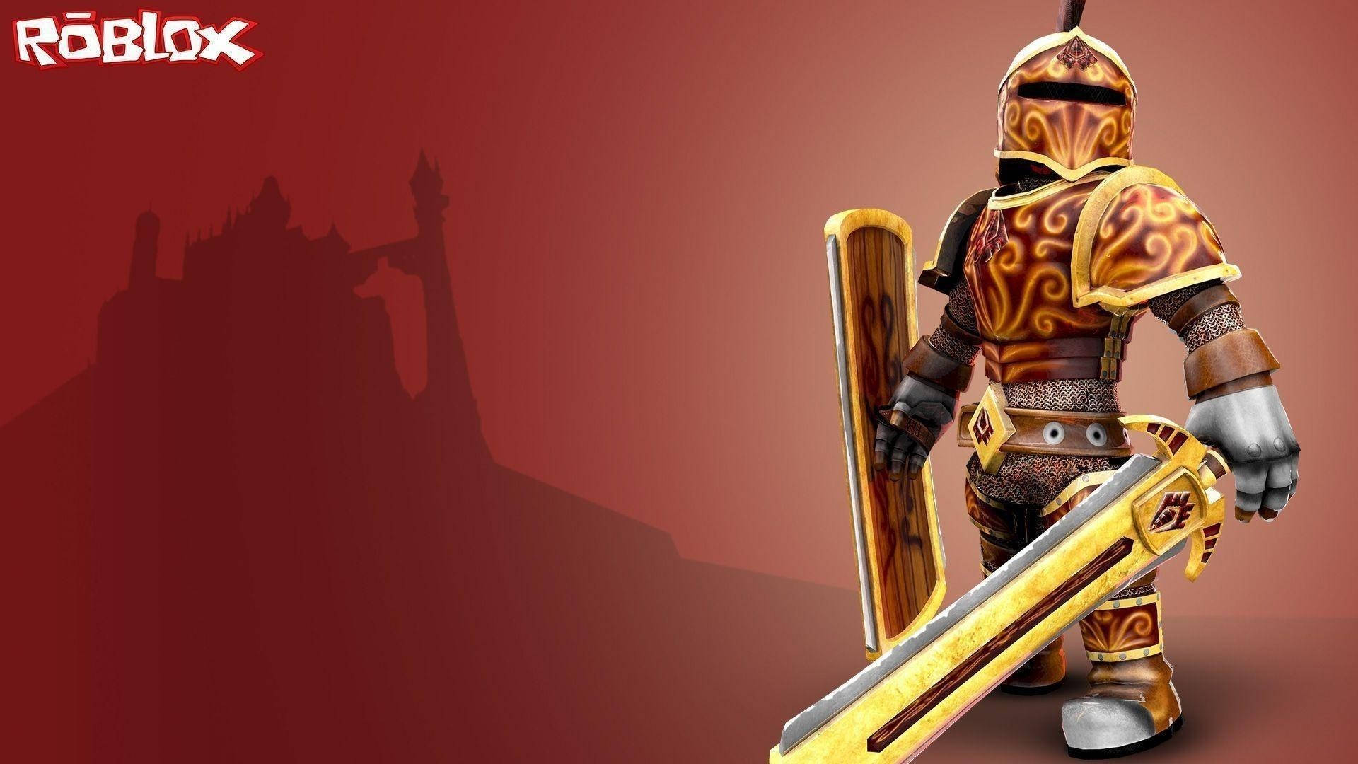 Roblox騎士身穿金色和棕色盔甲，手持劍和盾牌，背後有城堡陰影。 — Roblox 壁紙