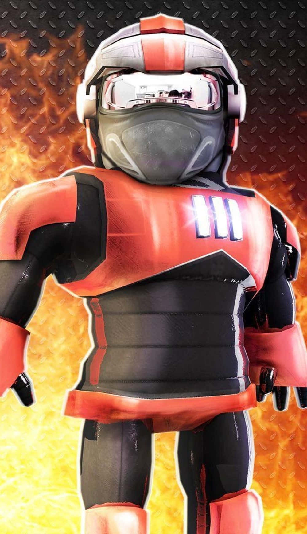 Roblox角色穿著紅黑盔甲站在火焰中。 — iPhone X 壁紙