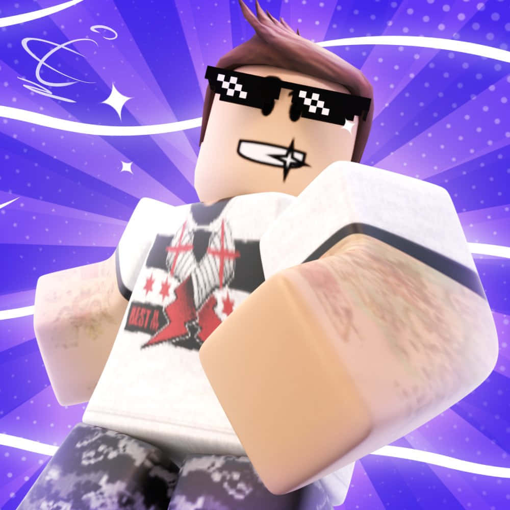 Roblox 頭像戴著太陽眼鏡和圖案 T 恤，背景為紫色星爆 — Roblox 壁紙