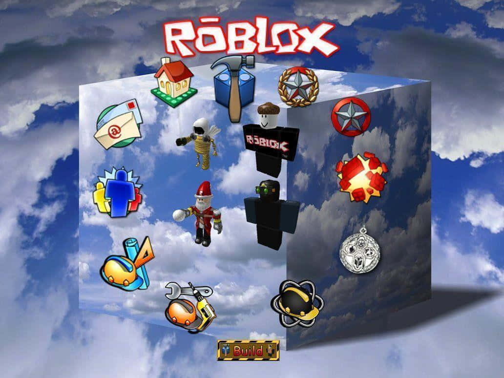 Roblox Character 桌布 壁紙 — Roblox 標誌和標誌性遊戲圖示漂浮在一個立方體周圍，背景是多雲的天空。
