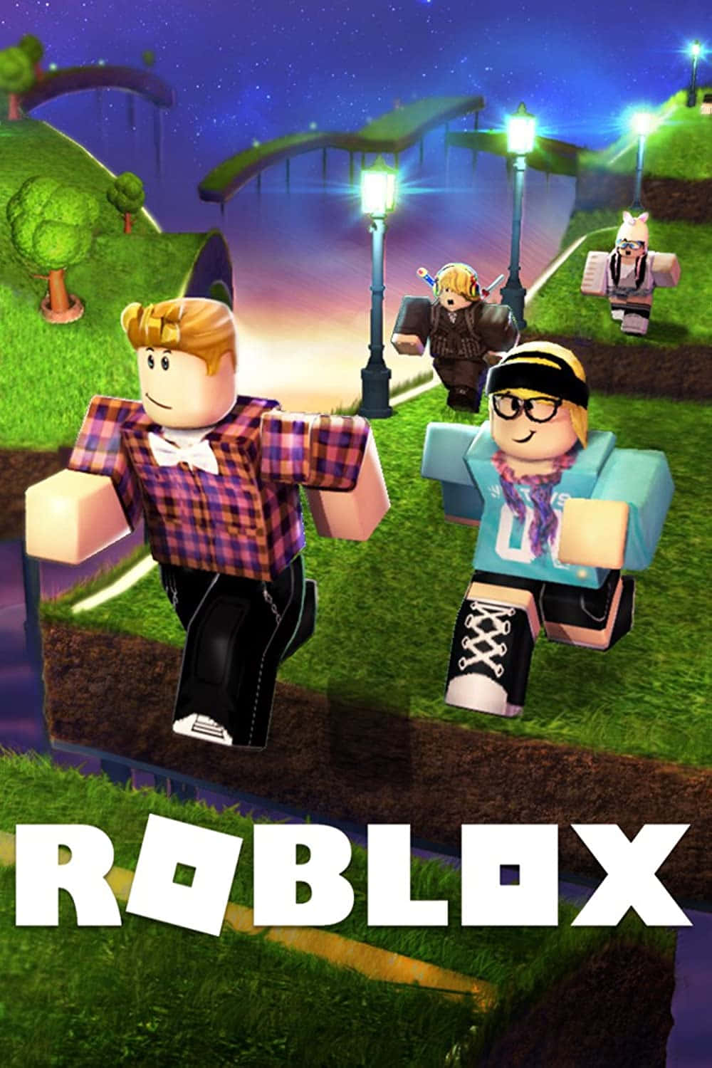 Roblox 桌布 壁紙 — Roblox 角色在星空下，暮色中發光的街燈下的草地上行走。