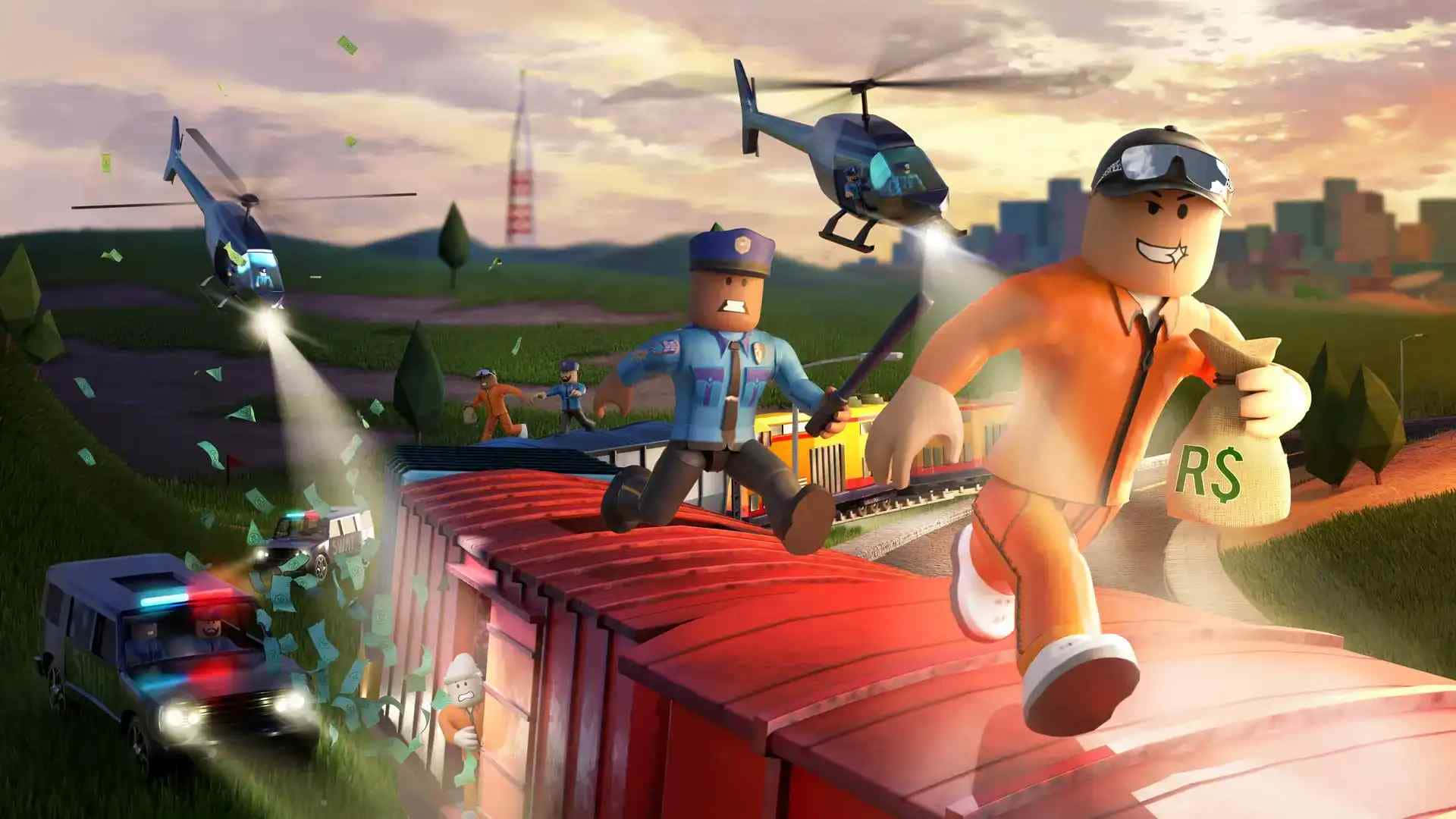 Roblox Noob 桌布 壁紙 — Roblox 角色在紅色火車車廂上追逐一名逃跑的囚犯，直升機和警車在日落景觀中追捕。
