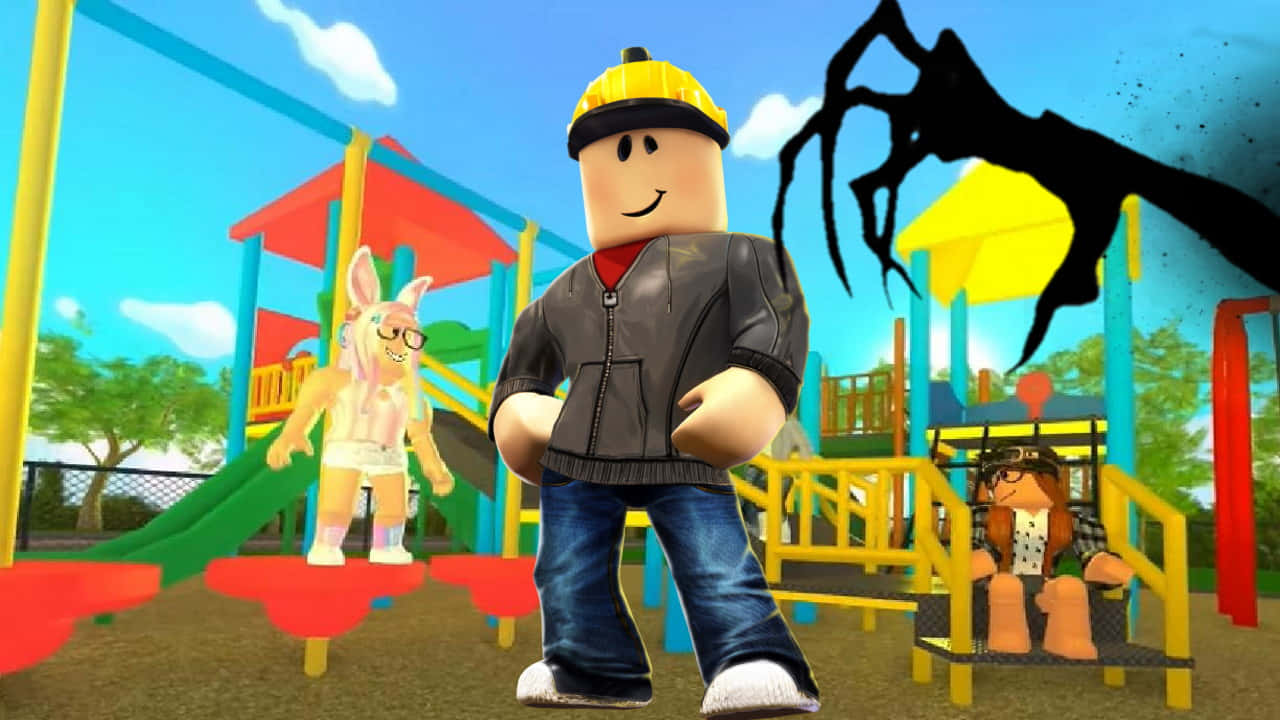 Roblox 桌布 壁紙 — Roblox 角色在色彩繽紛的遊樂場玩耍，一隻巨大的黑色蜘蛛在明亮的藍天下籠罩著他們。