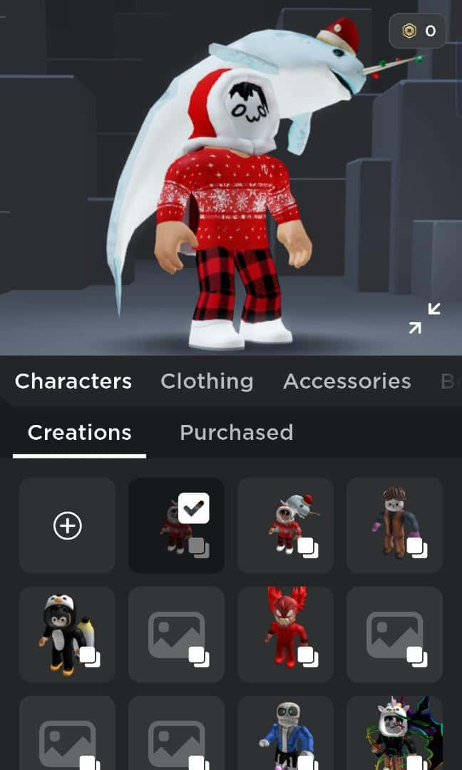 Roblox 桌布 壁紙 — Roblox 角色穿著紅色節日毛衣和格子褲，戴著白色海豚帽，配有聖誕帽和拐杖糖。
