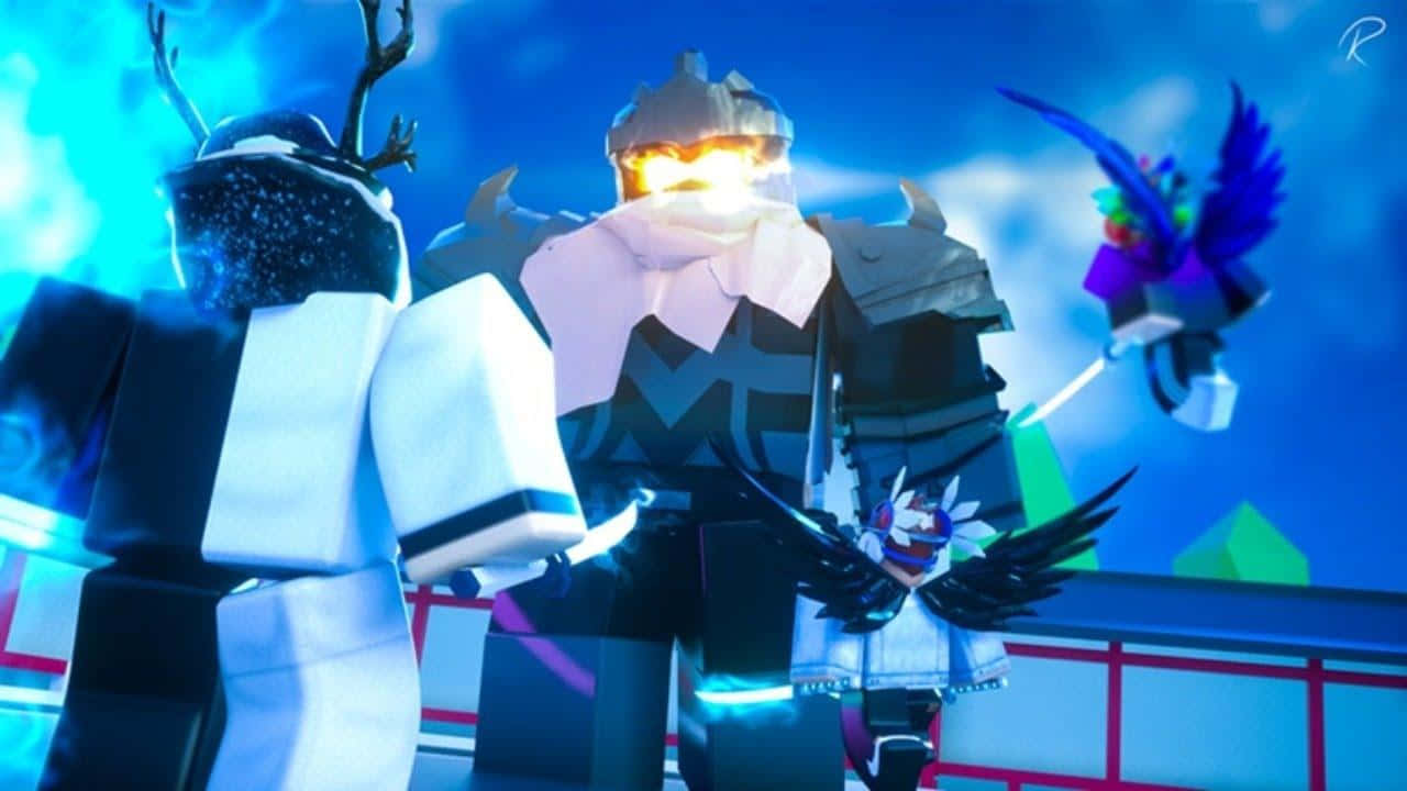 Roblox 角色身穿發光盔甲和翅膀，在明亮的藍天下。 — 忍者 壁紙