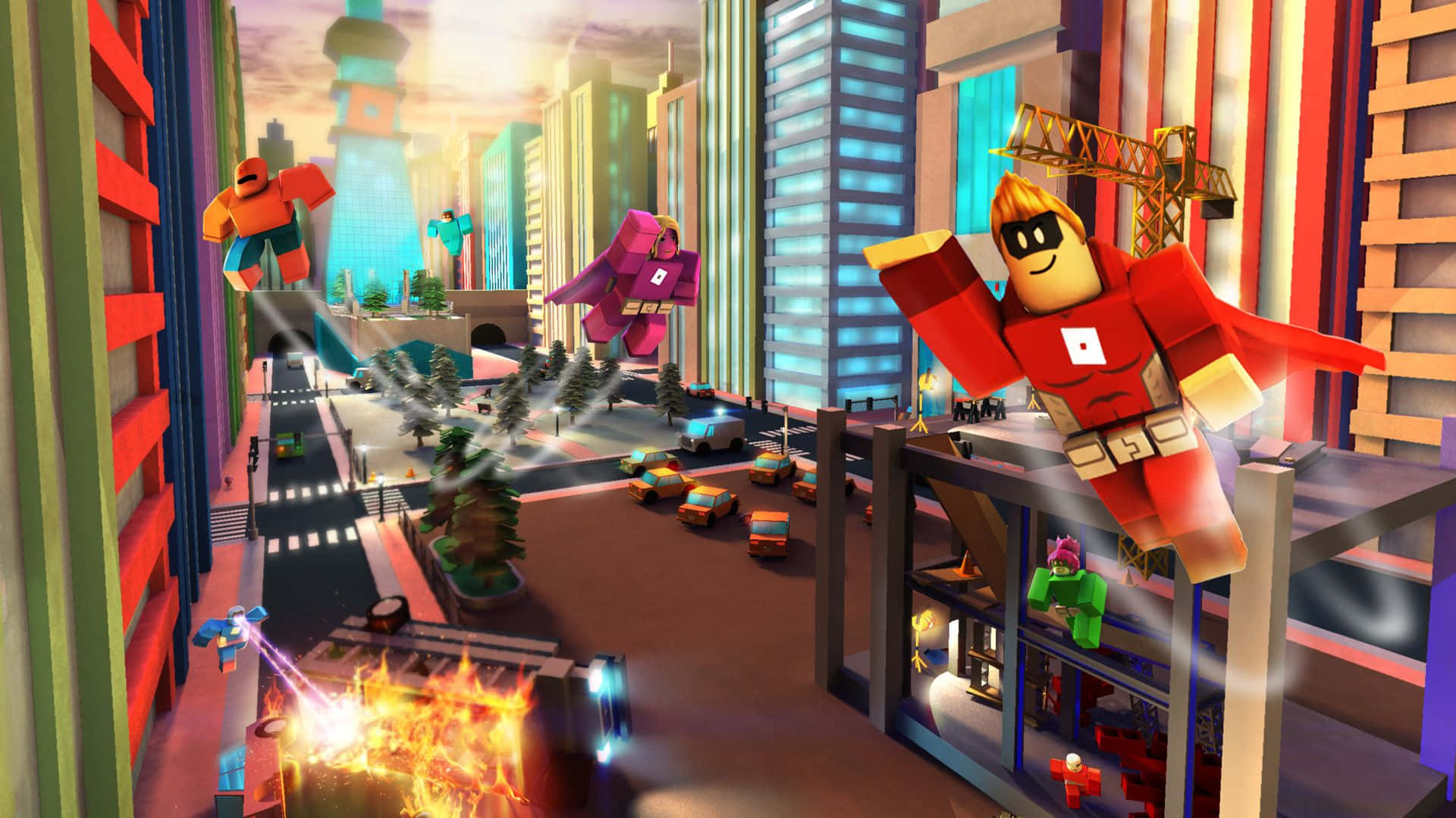 Cute Roblox 桌布 壁紙 — Roblox 超級英雄在色彩繽紛的城市景觀中戰鬥，有飛行的角色和下方的爆炸。