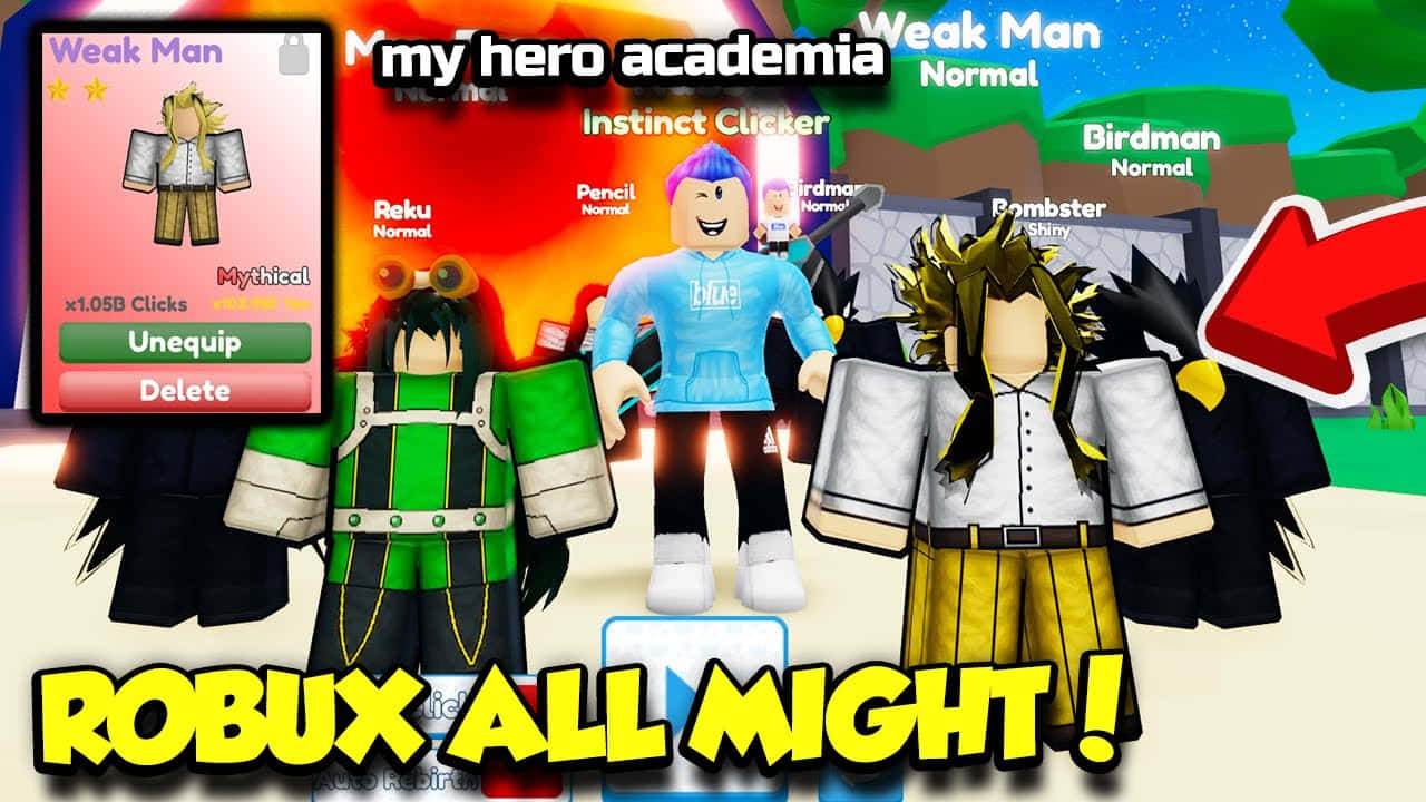 Roblox 桌布 壁紙 — Roblox 遊戲介面， featuring My Hero Academia 角色如 All Might 和 Birdman，在充滿活力的遊戲內商店場景中。