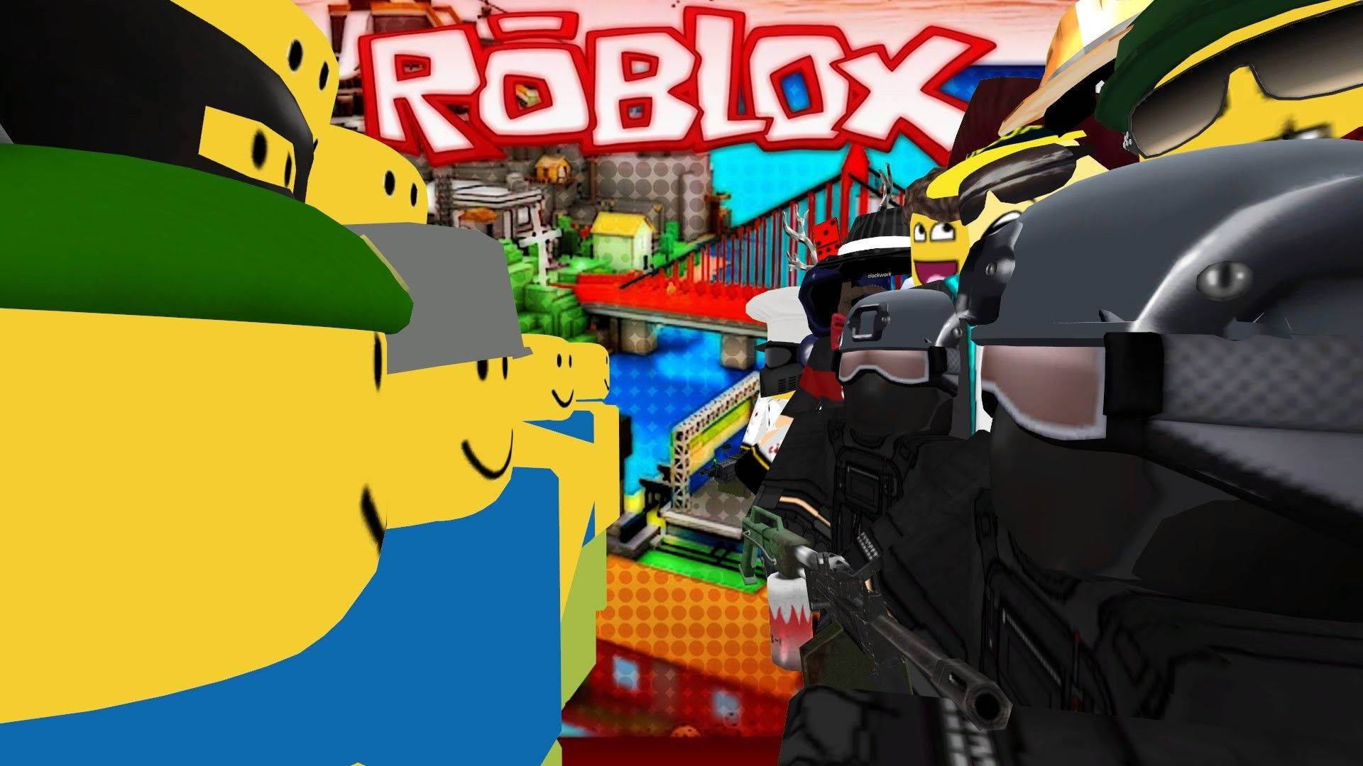 Roblox 桌布 壁紙 — Roblox 遊戲場景，有黃色虛擬角色和武裝玩家在色彩繽紛的方塊虛擬世界中。