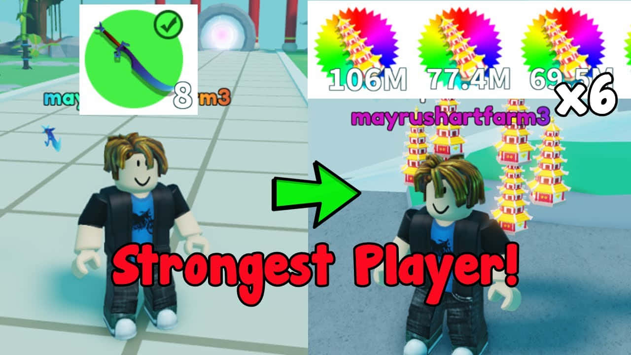 Roblox 桌布 壁紙 — Roblox 頭像從手持劍轉變為站在標有巨大數字的色彩繽紛高樓旁。