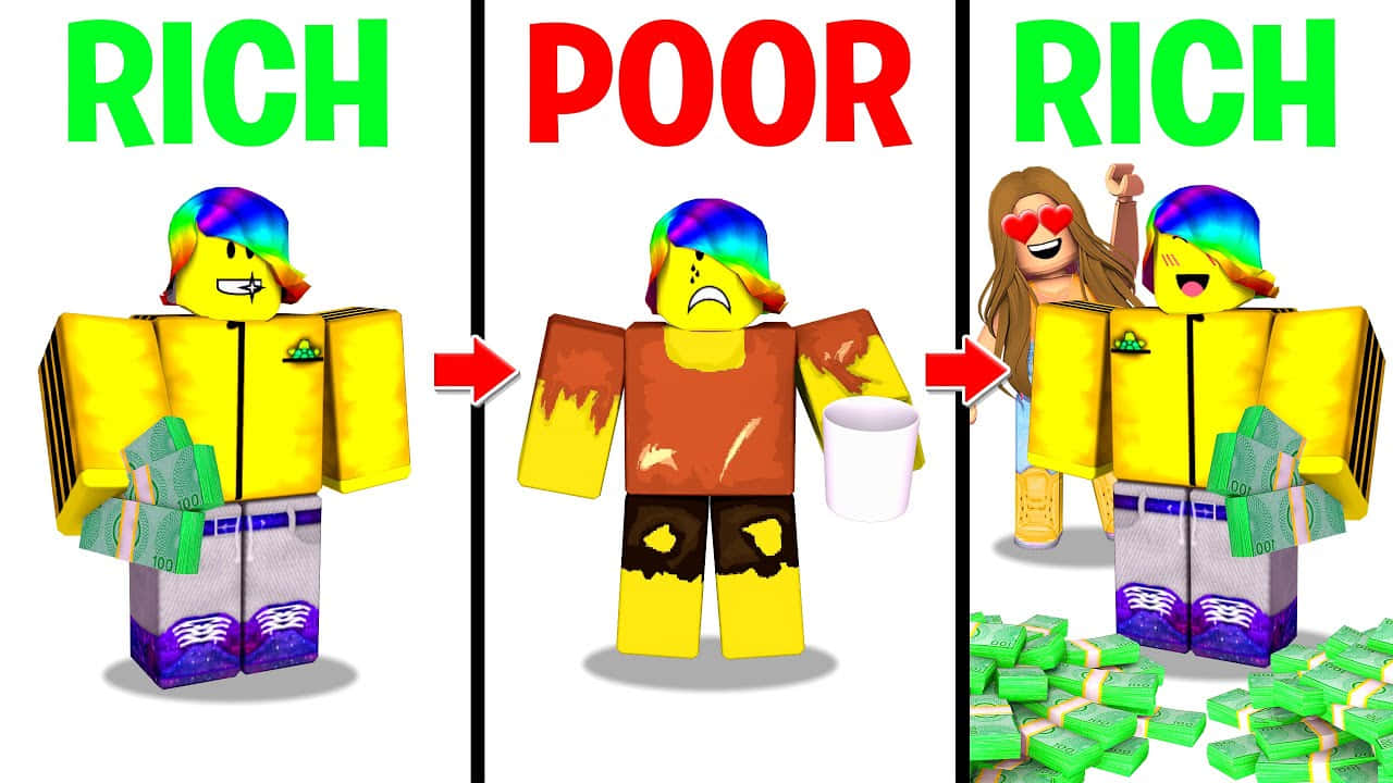 Roblox 桌布 壁紙 — Roblox角色從富有變為貧窮，然後再變回富有，伴隨著一堆堆金錢和一個女孩同伴。