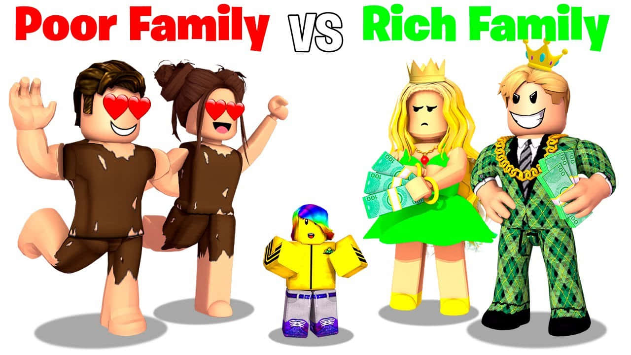 Roblox 桌布 壁紙 — Roblox風格卡通人物對比衣衫襤褸的貧窮家庭與穿著奢華服裝手持金錢的富裕家庭。