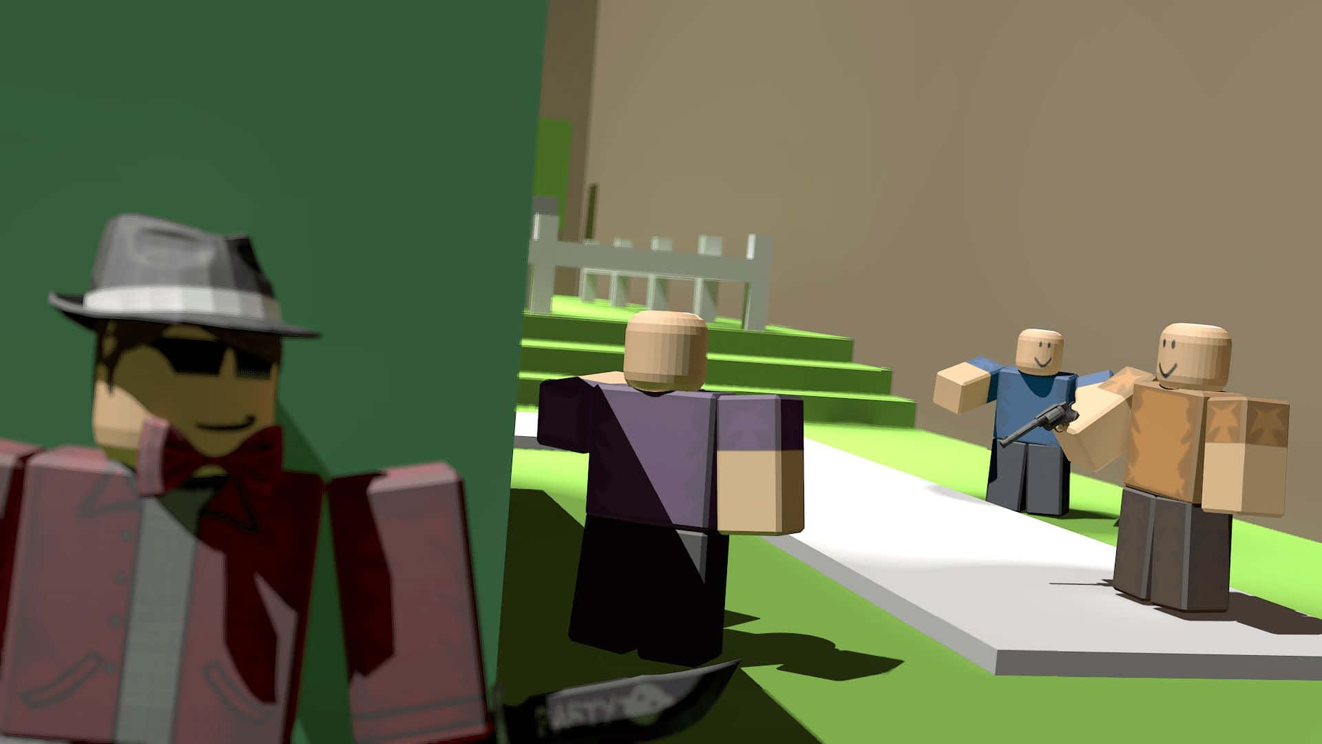 online 桌布 壁紙 — Roblox風格塊狀角色在一個風格化的戶外場景中，有綠草和樓梯。