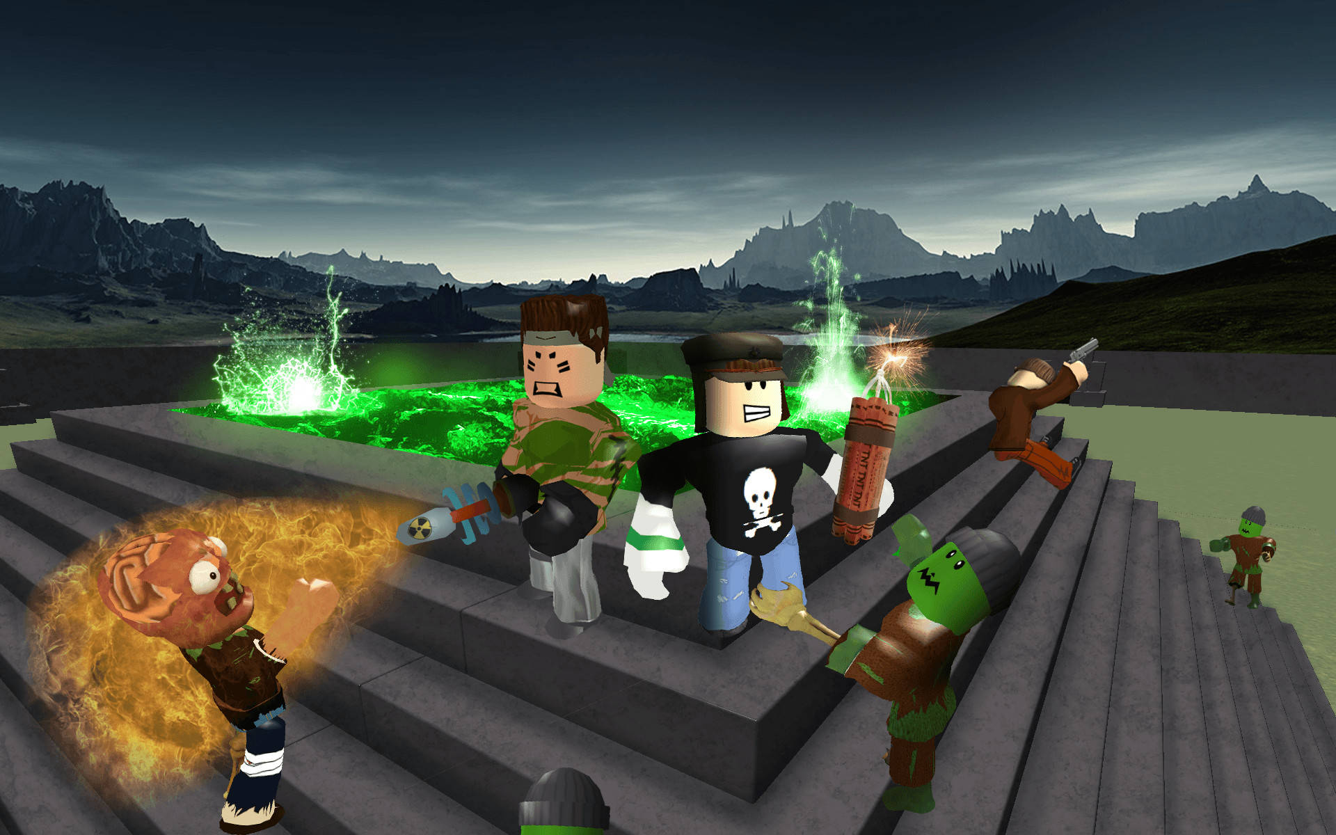 電玩遊戲 桌布 壁紙 — Roblox風格的角色在石階上與殭屍戰鬥，旁邊是發光的綠色熔岩，背景有黑暗的山脈。