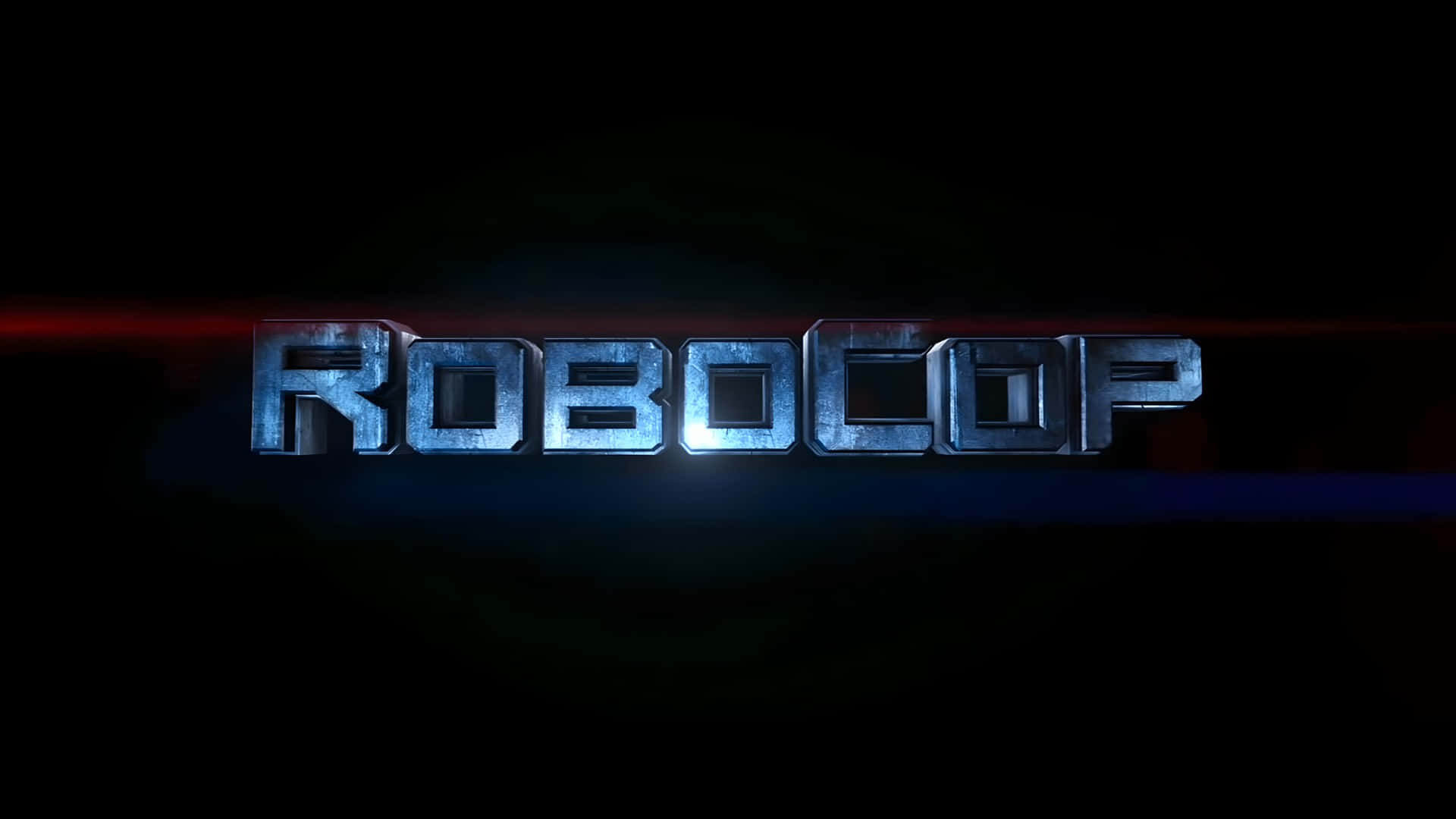  壁紙 — 「ROBOCOP」一詞以金屬藍色3D字體在深色背景上發光，並帶有紅色和藍色光條。