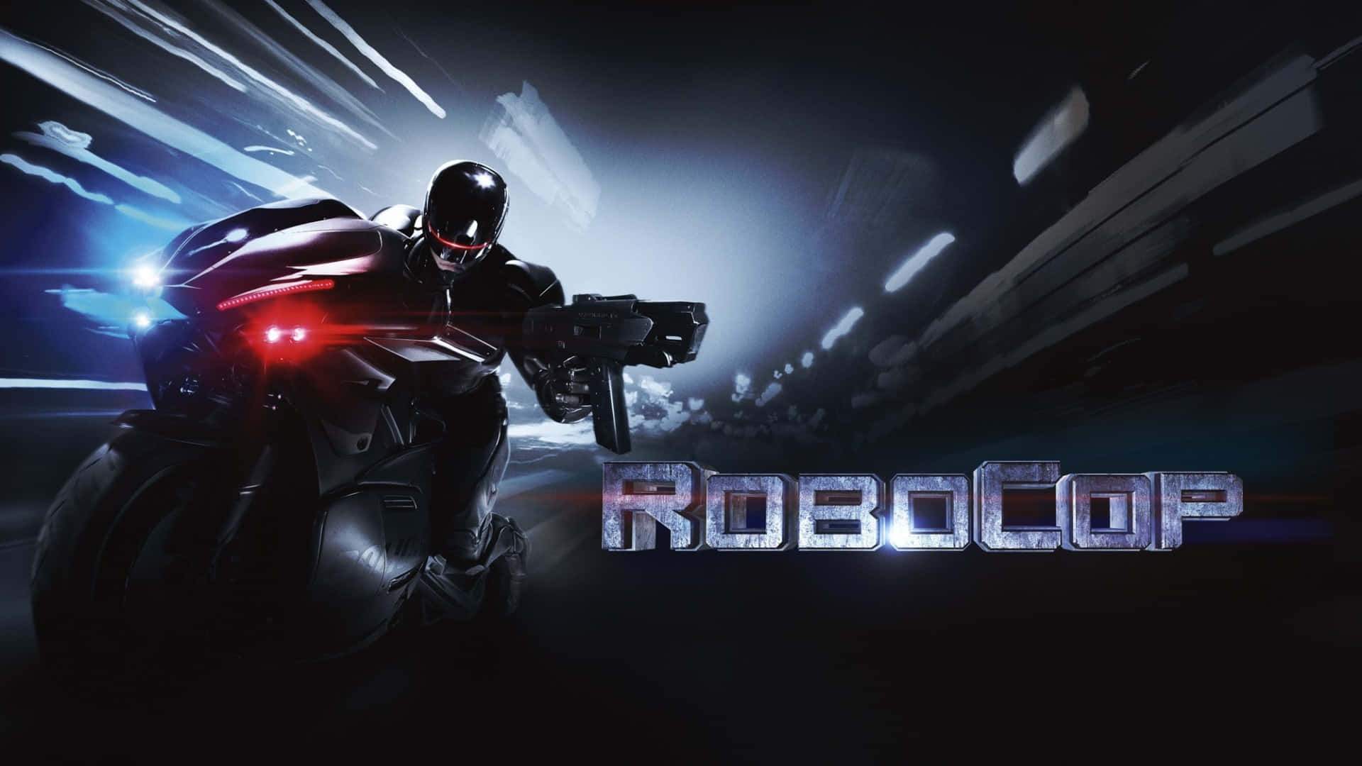  壁紙 — RoboCop 騎著未來摩托車穿過霓虹燈照亮嘅城市景觀，帶有發光線條同戲劇性燈光。