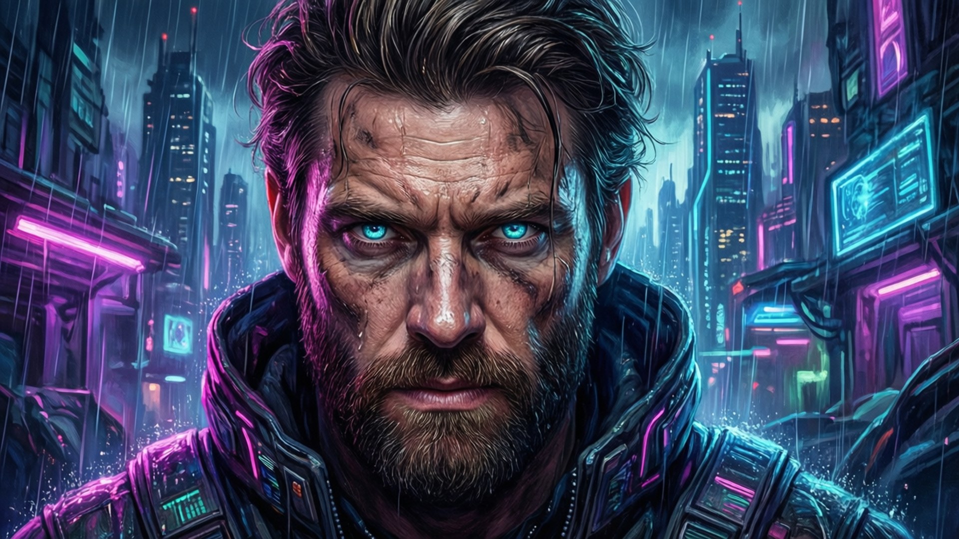Cyberpunk Fighter 壁紙 — 一個粗獷鬍鬚男，雙眼發出藍光，在霓虹燈閃爍的雨夜賽博龐克城市景觀中凝視。