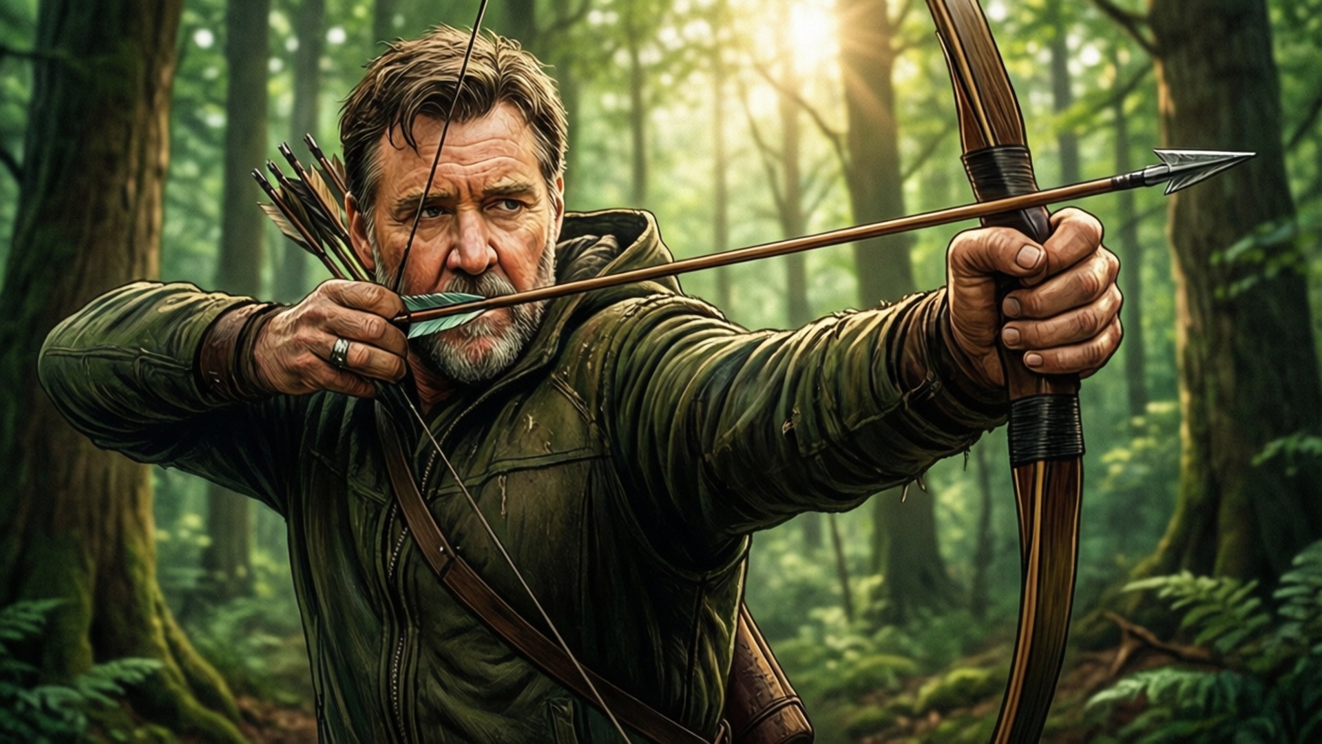 Robin's Arrow 壁紙 — 一個粗獷留鬚的男人穿著綠色外套，在陽光明媚的森林中拉開木弓，箭矢待發。