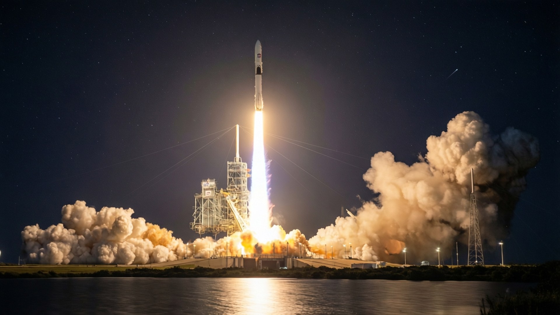 Artemis Night Launch 壁紙 — 火箭以熾熱推力點燃，發射到反射水面上方的星空夜空。