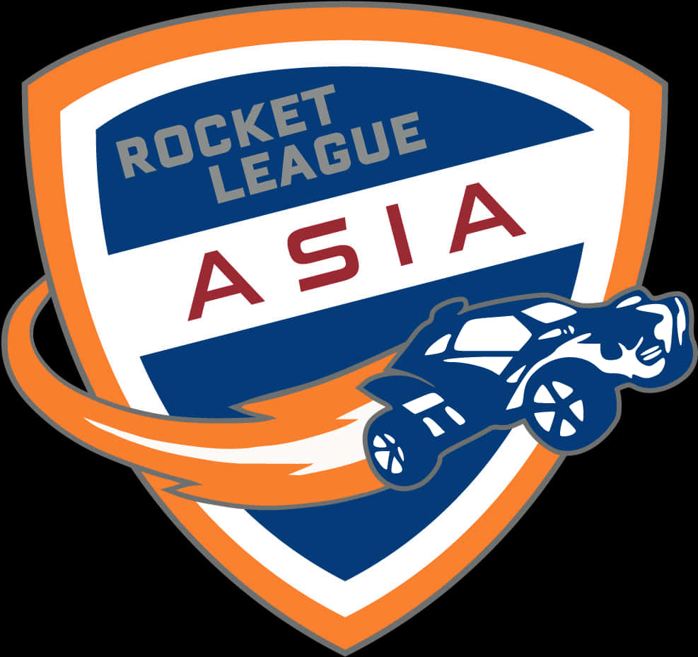 Logo 桌布 壁紙 — Rocket League Asia 的盾牌標誌，藍色汽車帶橙色動態軌跡，背景為藍、白、橙色。