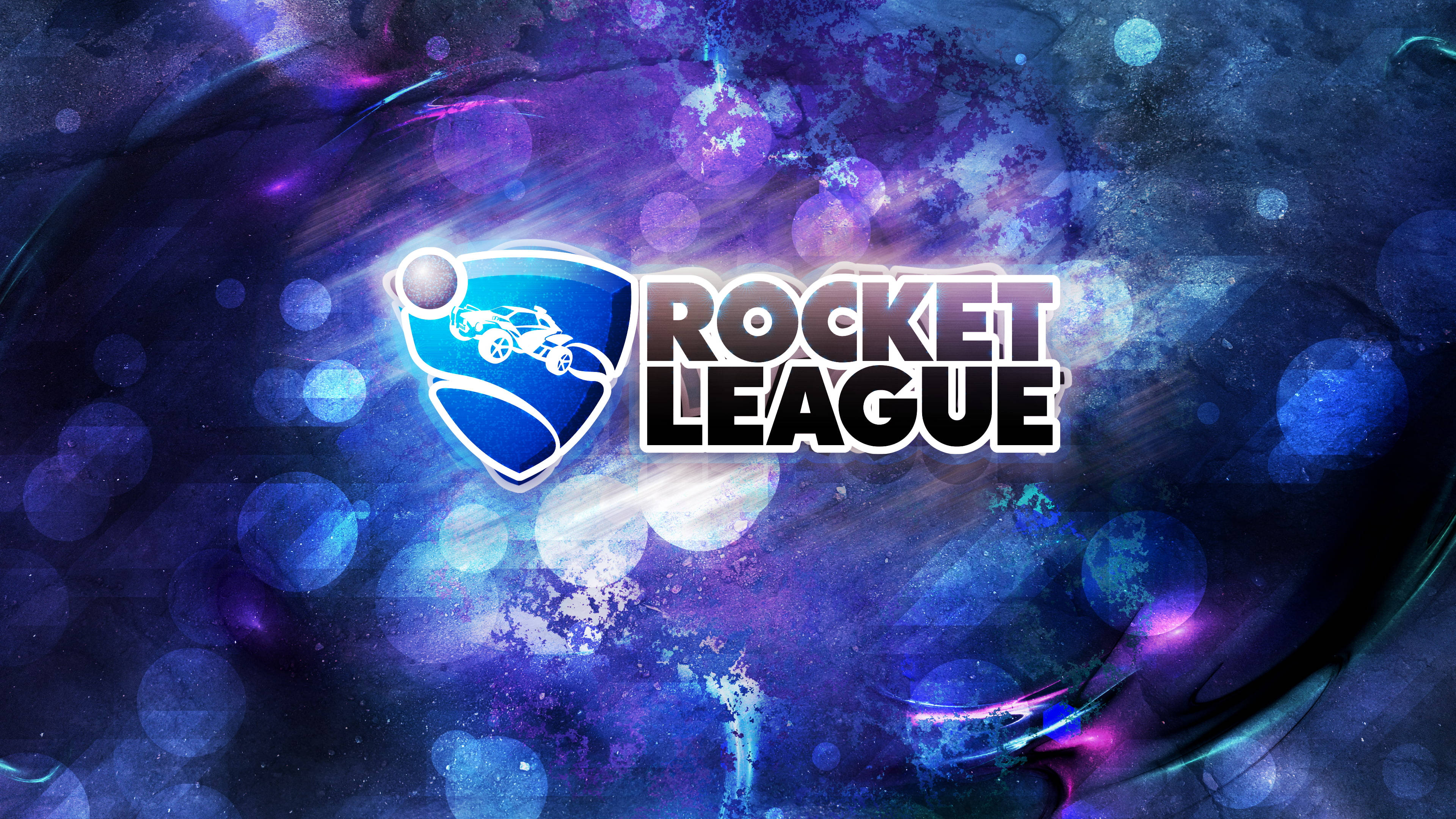 遊戲 桌布 壁紙 — Rocket League 標誌在旋轉的紫色、藍色和發光球體的宇宙背景中閃耀。