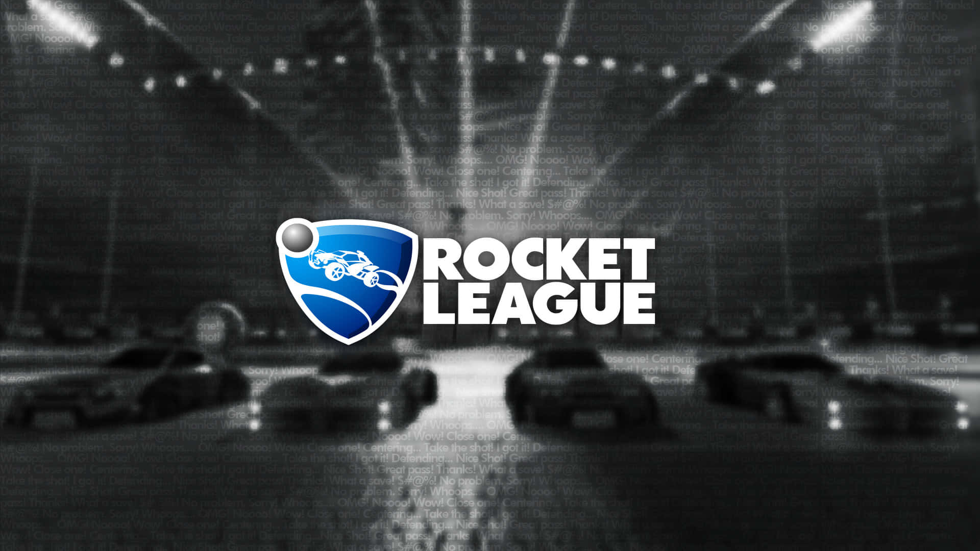 1080p Rocket League 桌布 壁紙 — Rocket League 的黑白宣傳圖片，展示賽車和球在發光的體育場內。