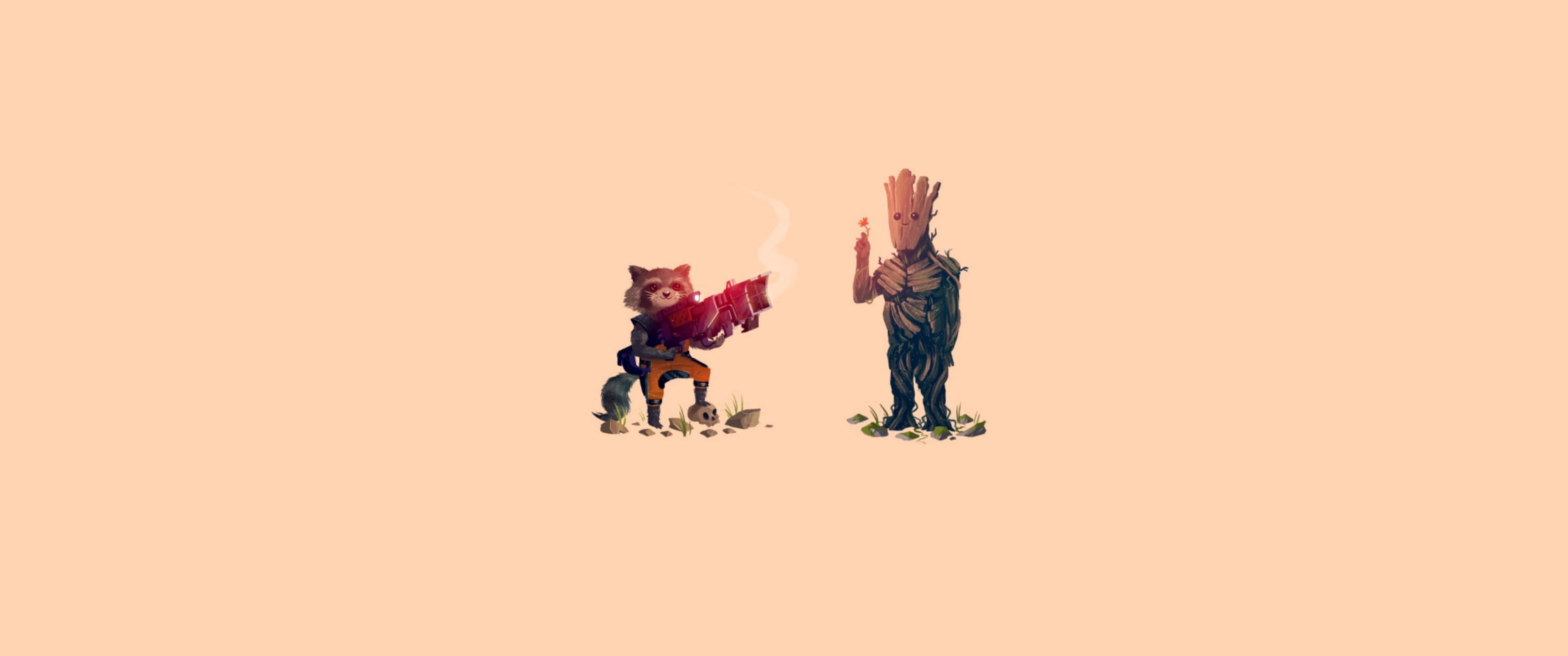 桌布 壁紙 — Rocket Raccoon 和 Groot 並肩站在柔和的桃色背景前，兩人手持冒煙的雪茄。