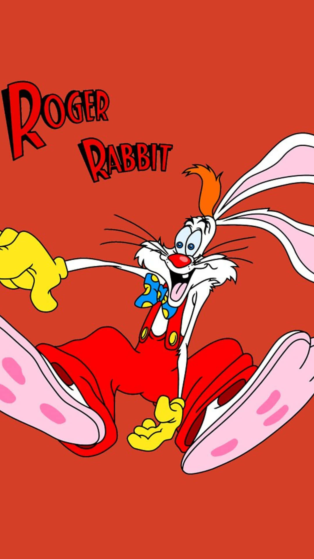  壁紙 — 卡通角色 Roger Rabbit 身穿紅色工裝褲和粉紅色鞋子，在純紅色背景上動態擺姿勢。