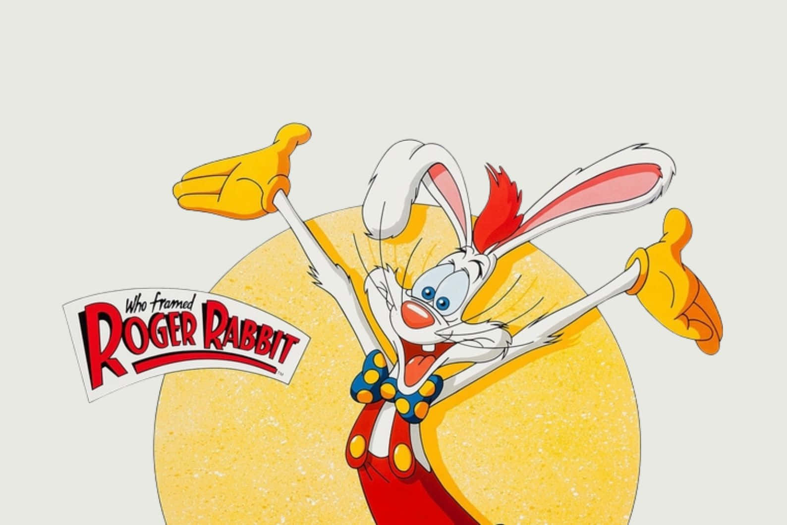 壁紙 — Roger Rabbit，動畫卡通兔，在黃色圓形背景前擺出歡樂姿勢，背景上有電影標題。