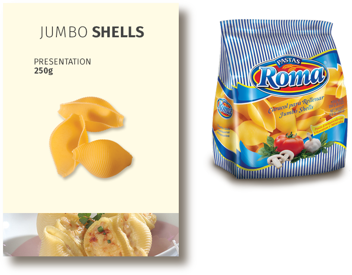 Pasta 桌布 壁紙 — Roma 品牌巨型義大利麵殼的產品包裝，附有煮熟並填滿奶油醬汁的義大利麵殼照片。