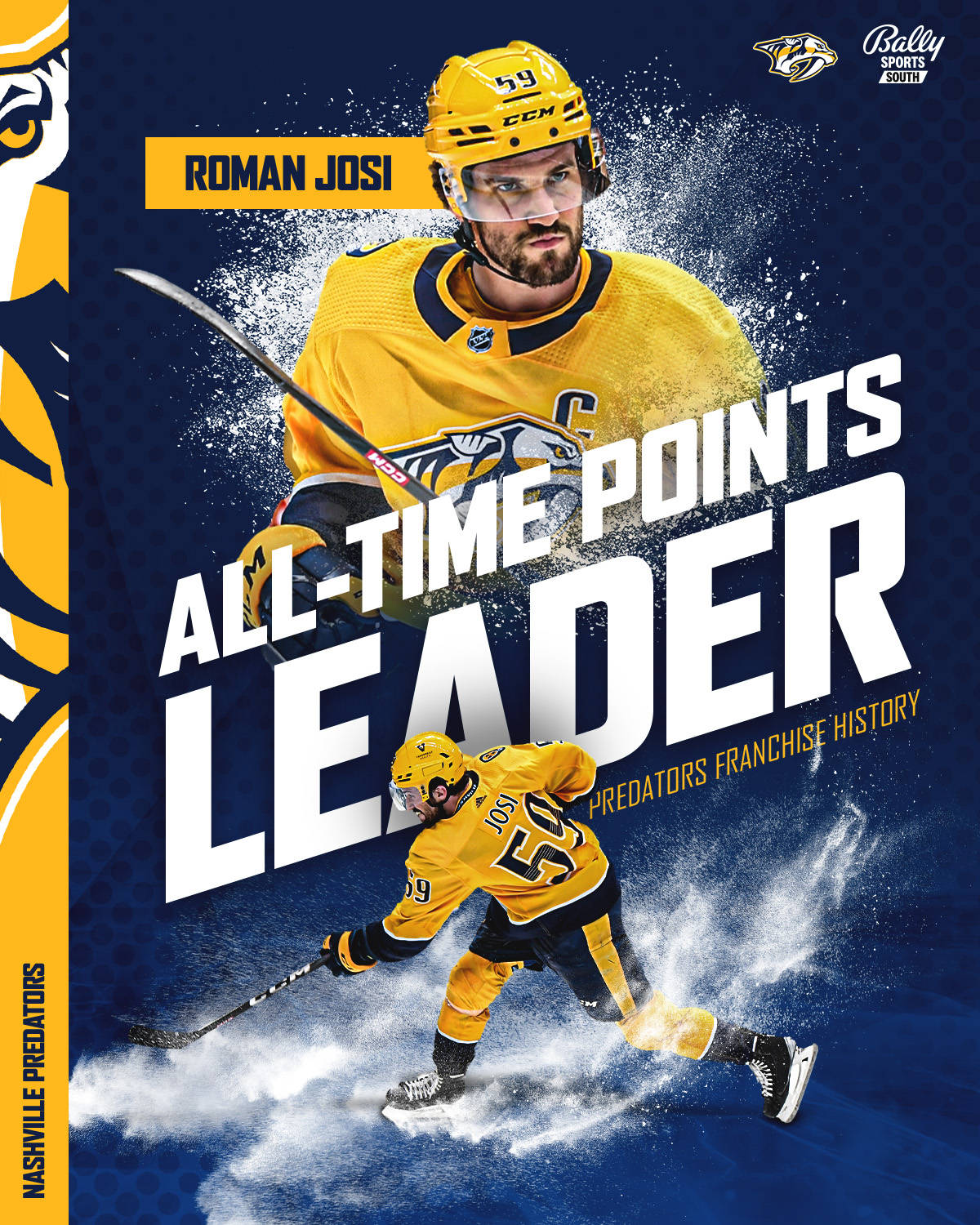 運動 桌布 壁紙 — Roman Josi 身穿黃色 Nashville Predators 球衣，在藍色背景上動態滑冰，手持曲棍球棒，並帶有 'All-Time Points Leader' 文字。