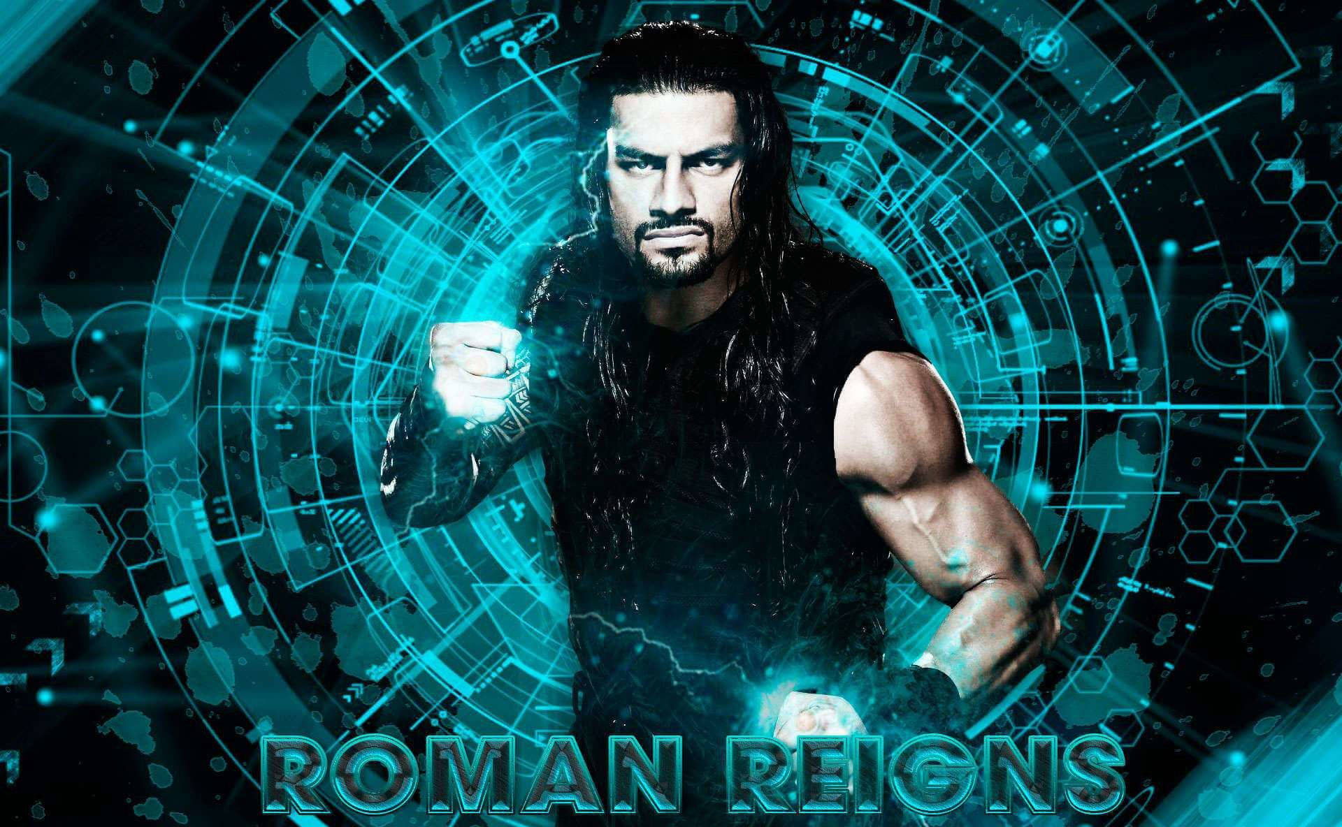 Roman 桌布 壁紙 — Roman Reigns 強勢地站在一個發光的藍色數位漩渦中，未來感的電路在他周圍旋轉。