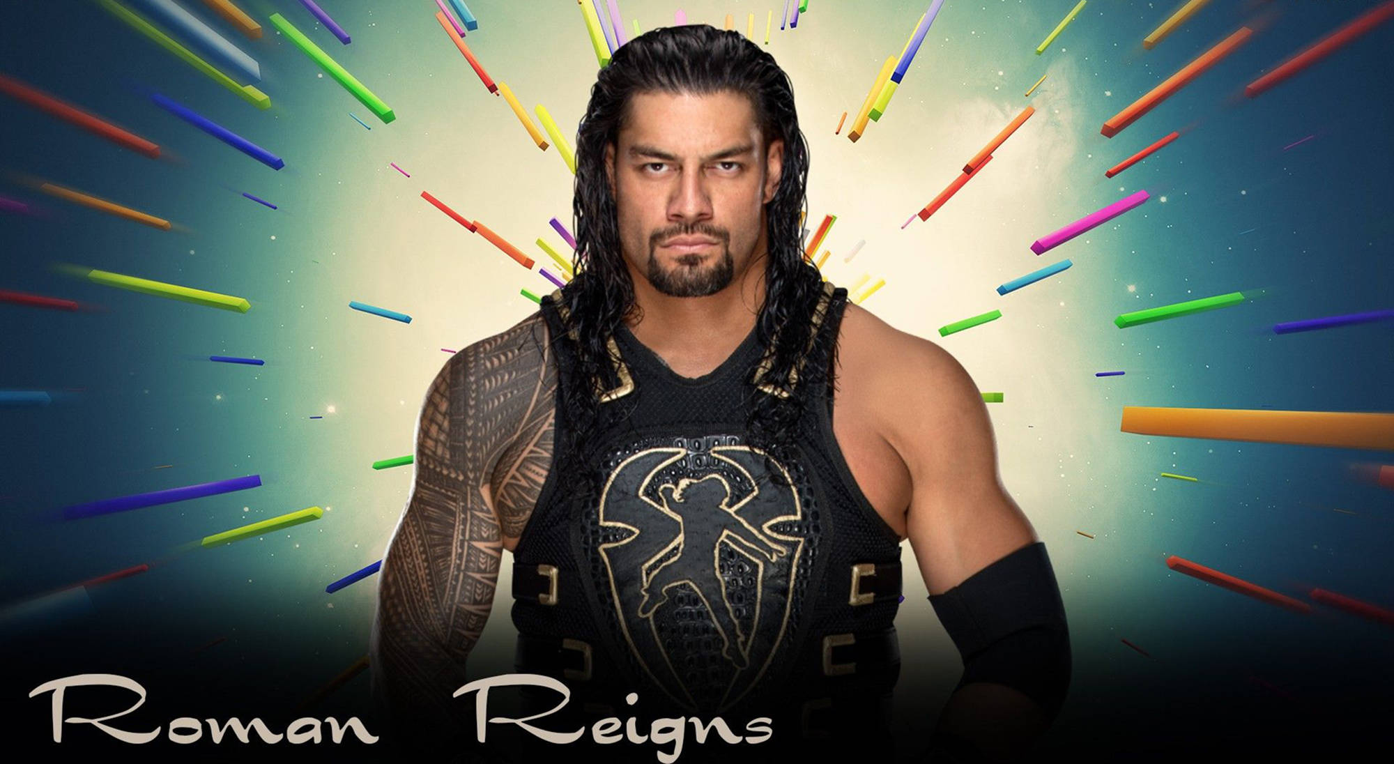 Roman 桌布 壁紙 — Roman Reigns 身穿金色飾邊的黑色背心，在充滿鮮豔霓虹燈條的宇宙背景下強勢站立。