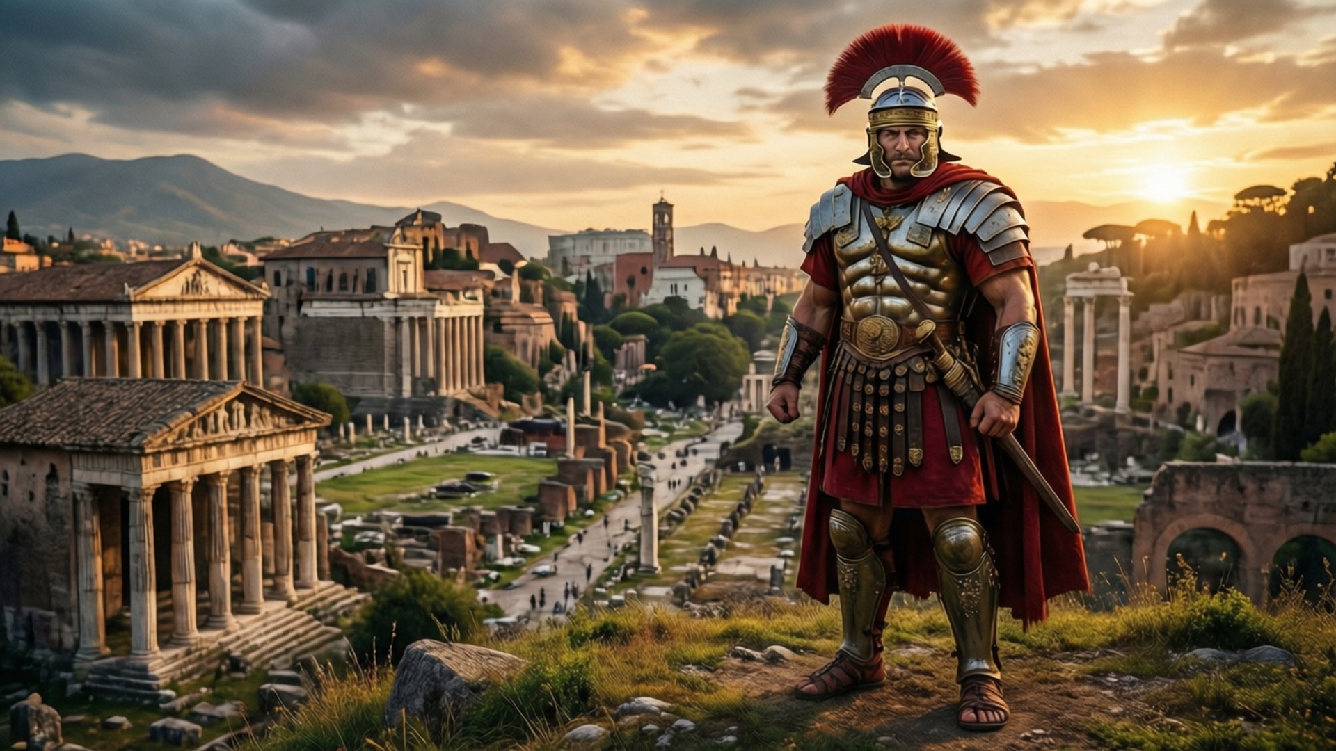 Roman Empire 桌布 壁紙 — 一名全副武裝的羅馬士兵站在山頂上，俯瞰沐浴在金色夕陽下的古代遺跡。