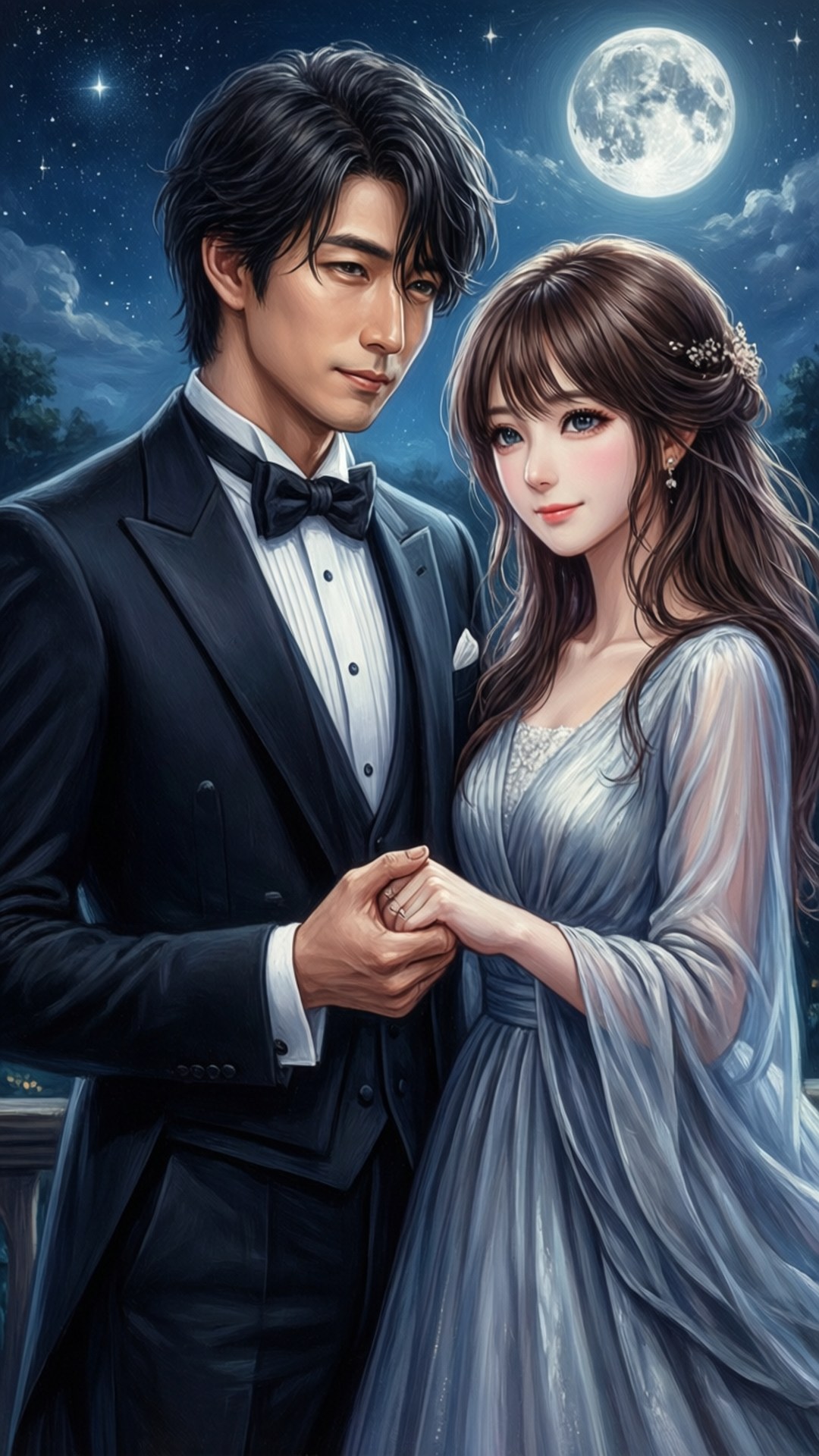 會長是女僕大人 桌布 壁紙 — 一對浪漫的動漫情侶穿著正式服裝，在滿月下星空夜空中牽手。