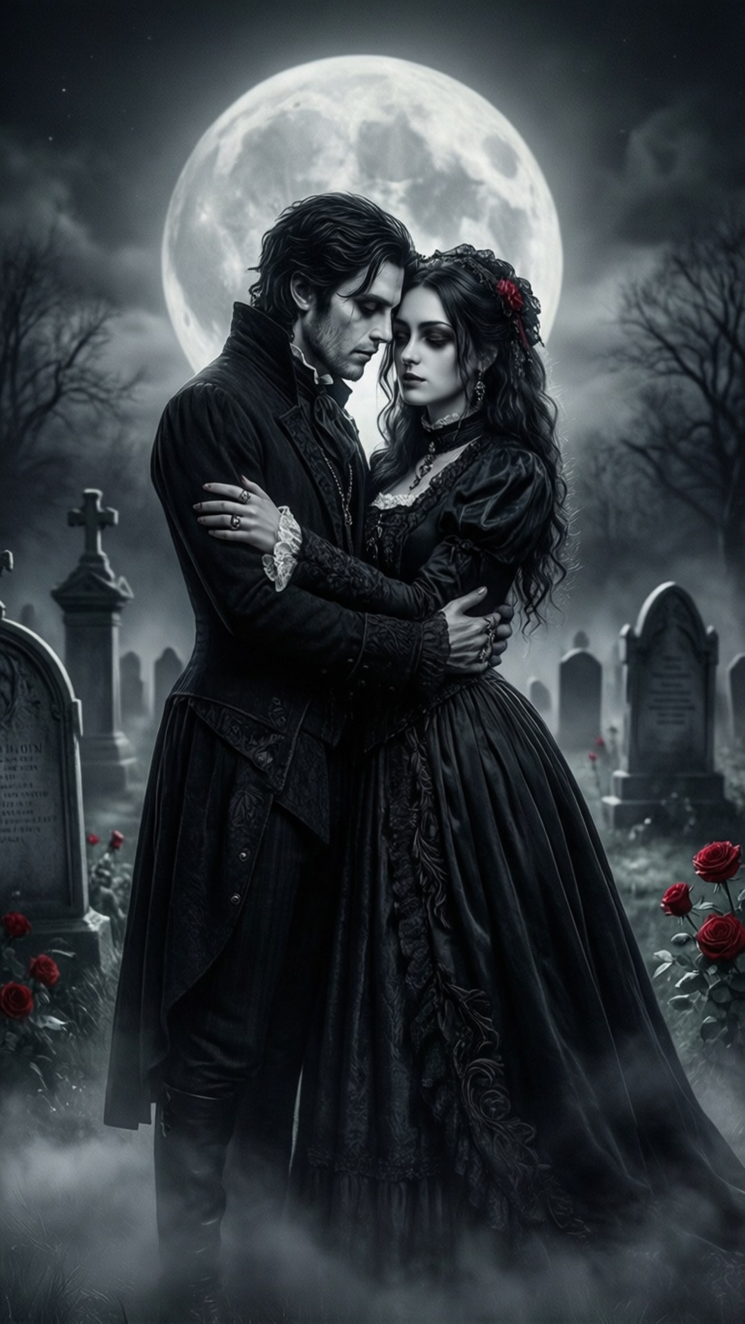 Gothic Embrace Cemetery 壁紙 — 一對浪漫的吸血鬼情侶在滿月下的霧氣瀰漫的墓園中擁抱，紅玫瑰在墓碑間盛開。