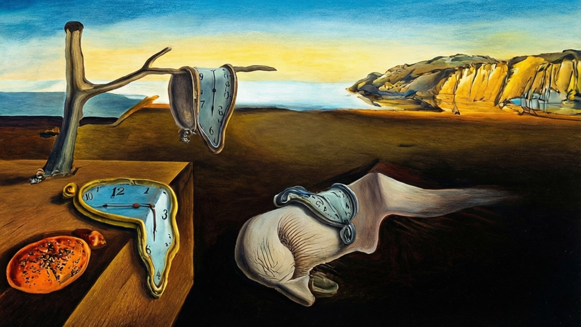 Surreal Melting Clock 壁紙 — 融化的時鐘從一棵貧瘠的樹上垂下來，擱在一張木桌上，旁邊是扭曲的風景，在超現實的天空下。