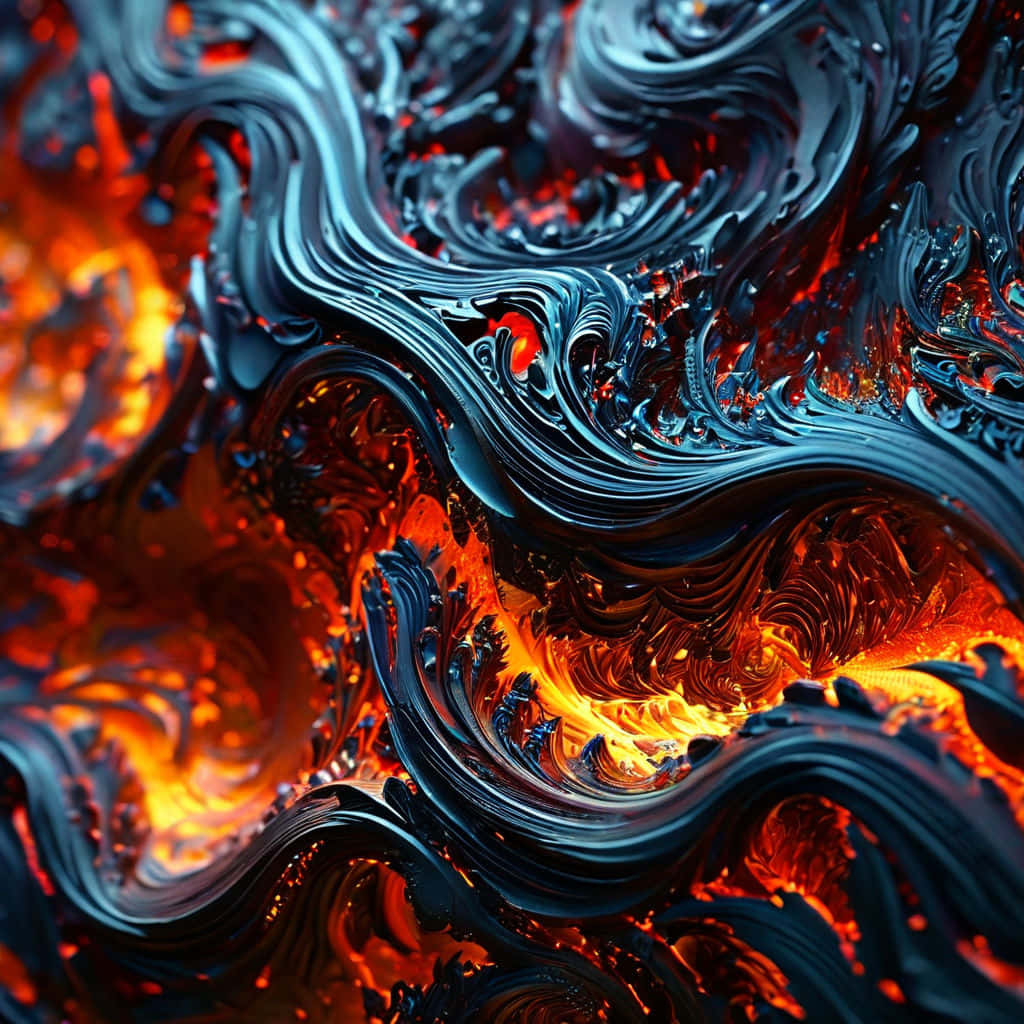  壁紙 — 熔融橙色和冷藍黑色液體的鮮豔數位漩渦在混亂、火熱的抽象圖案中流動。