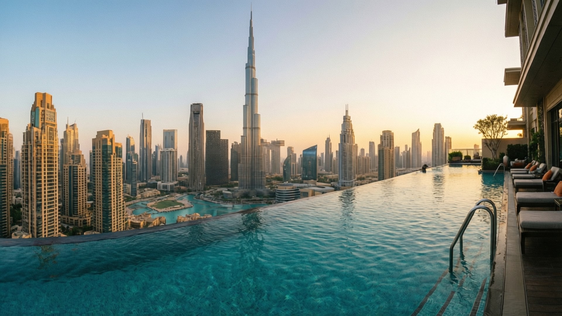 Infinity Pool Skyline View 壁紙 — 屋頂無邊際泳池俯瞰杜拜日落時分的天際線，哈里發塔聳立在玻璃摩天大樓之上。